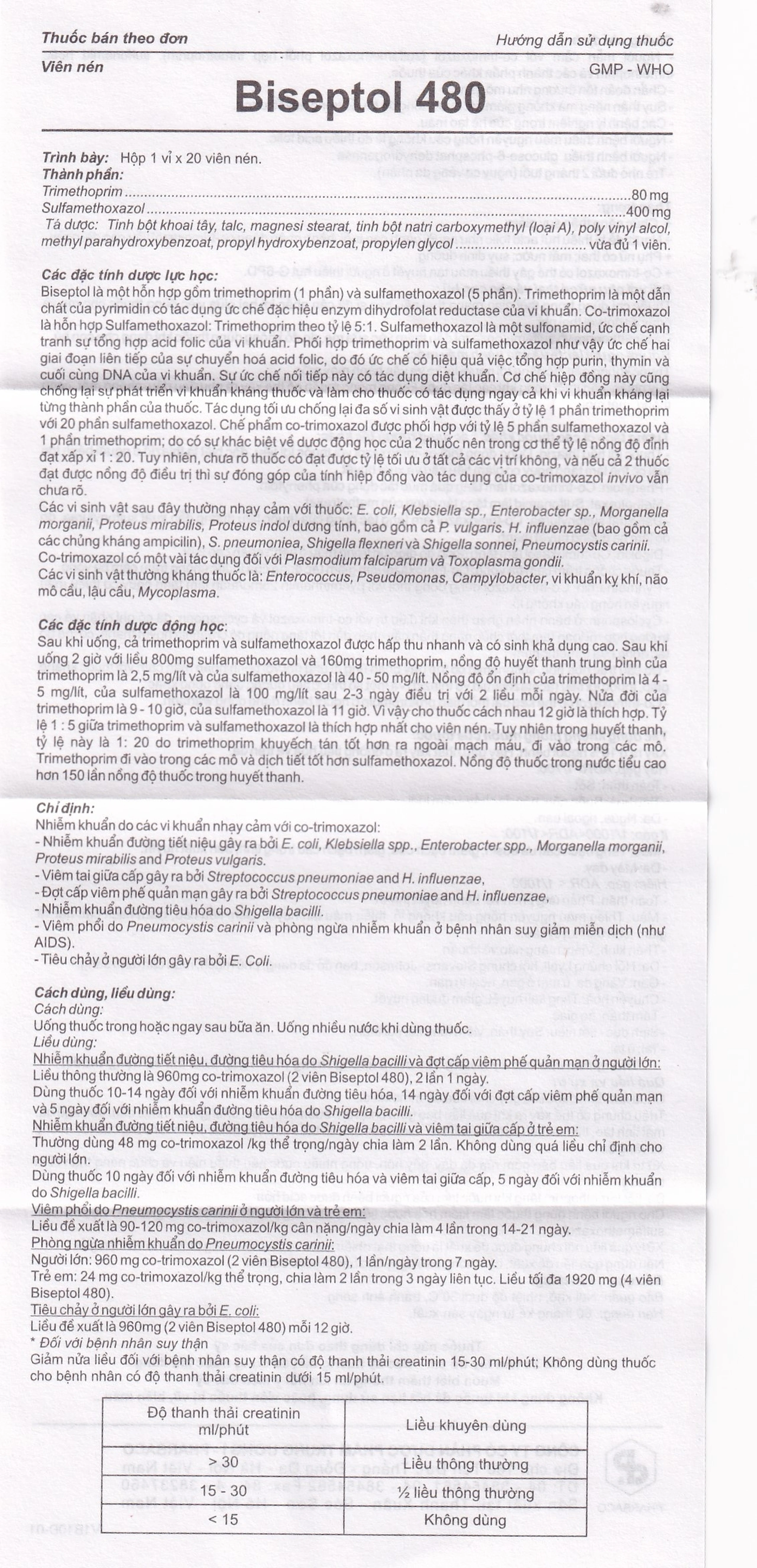 Thuốc Biseptol Pharbaco điều trị nhiễm khuẩn do các vi khuẩn nhạy cảm (1 vỉ x 20 viên)
