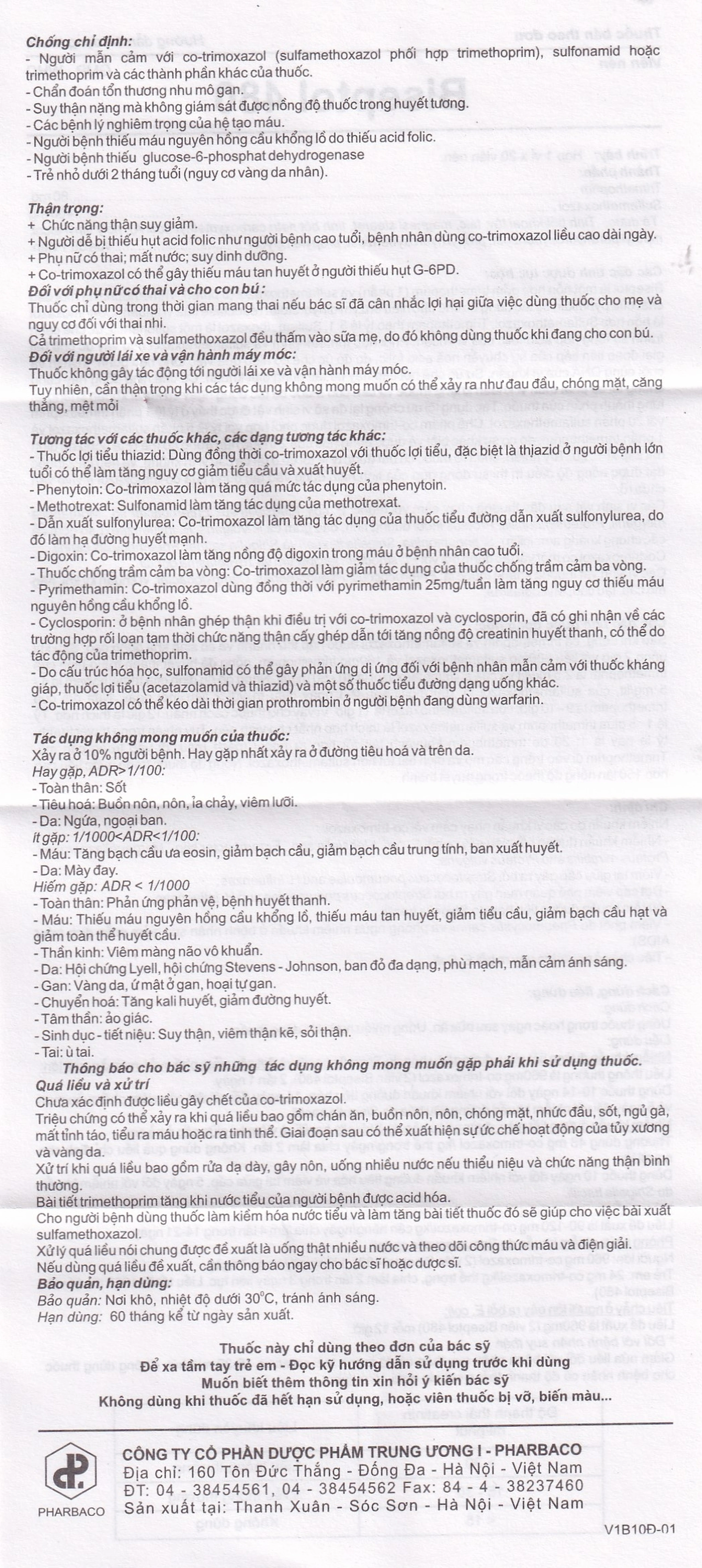 Thuốc Biseptol Pharbaco điều trị nhiễm khuẩn do các vi khuẩn nhạy cảm (1 vỉ x 20 viên)