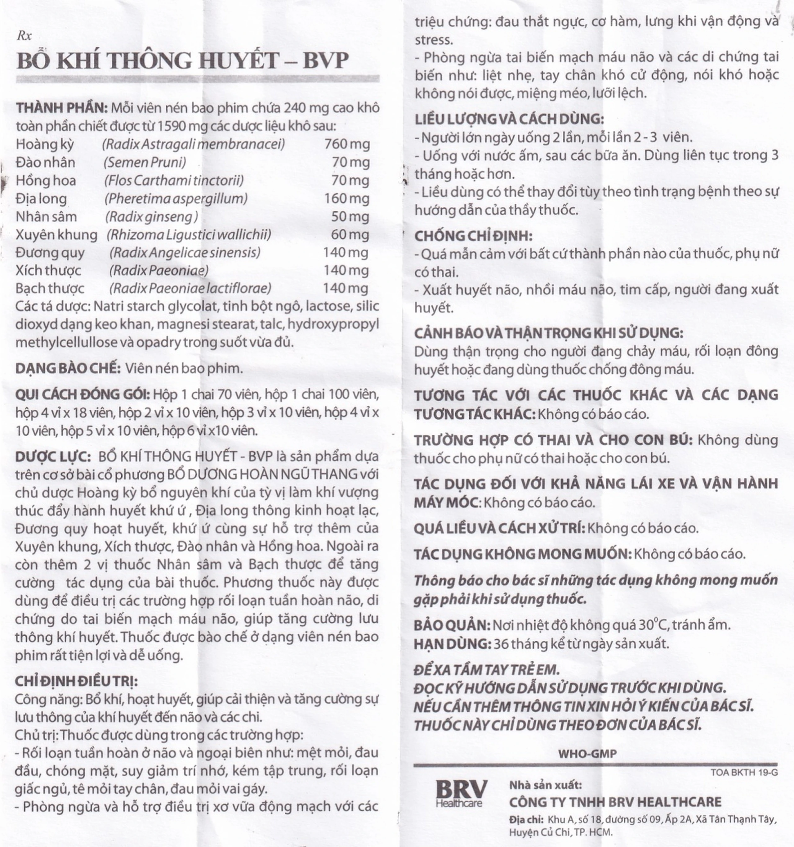 Thuốc Bổ Khí Thông Huyết BVP tăng cường lưu thông khí huyết đến não và các chi (3 vỉ x 10 viên)