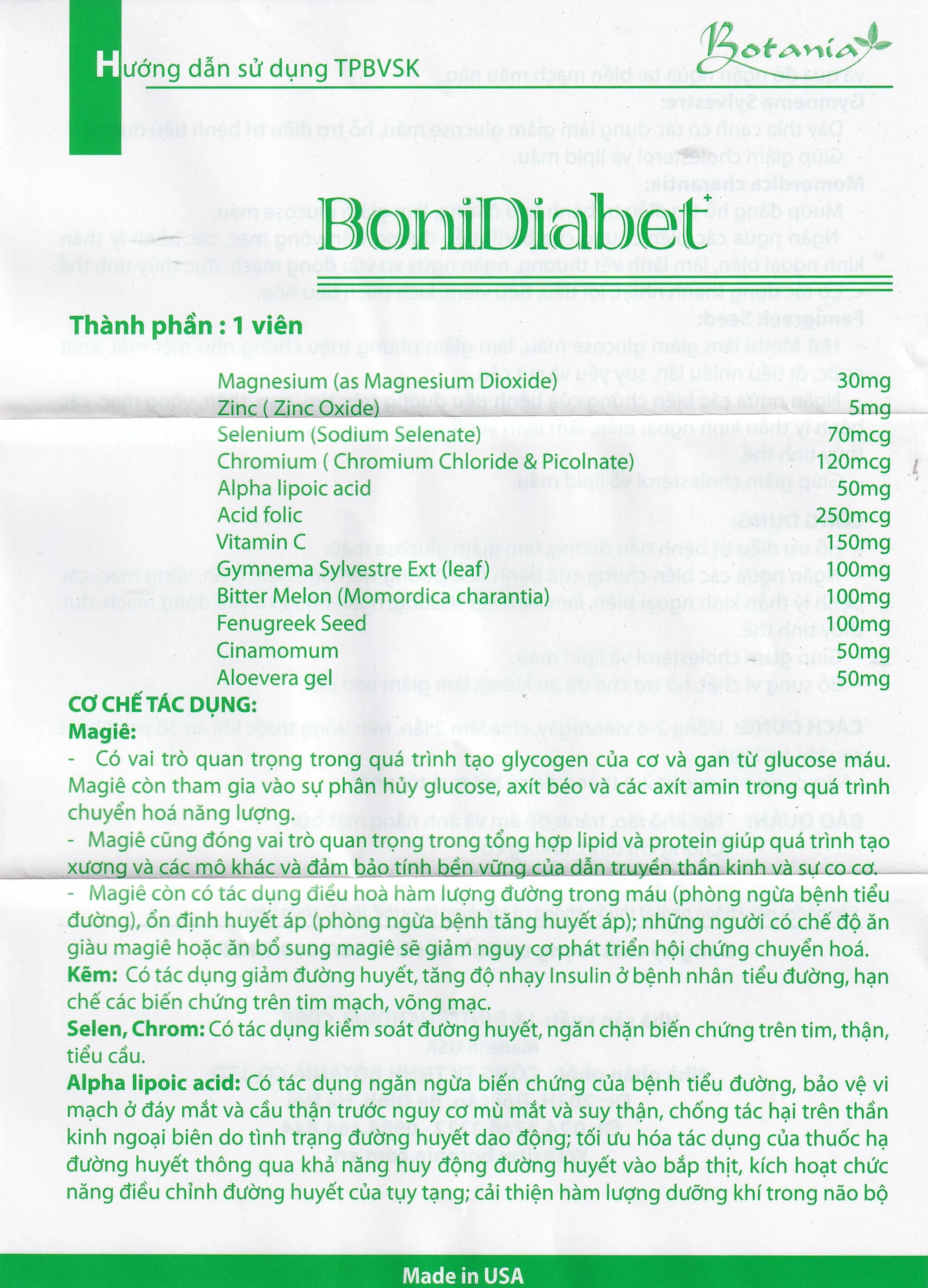 Viên uống hỗ trợ điều trị bệnh tiểu đường làm giảm glucose máu BoniDiabet Botania (60 viên)
