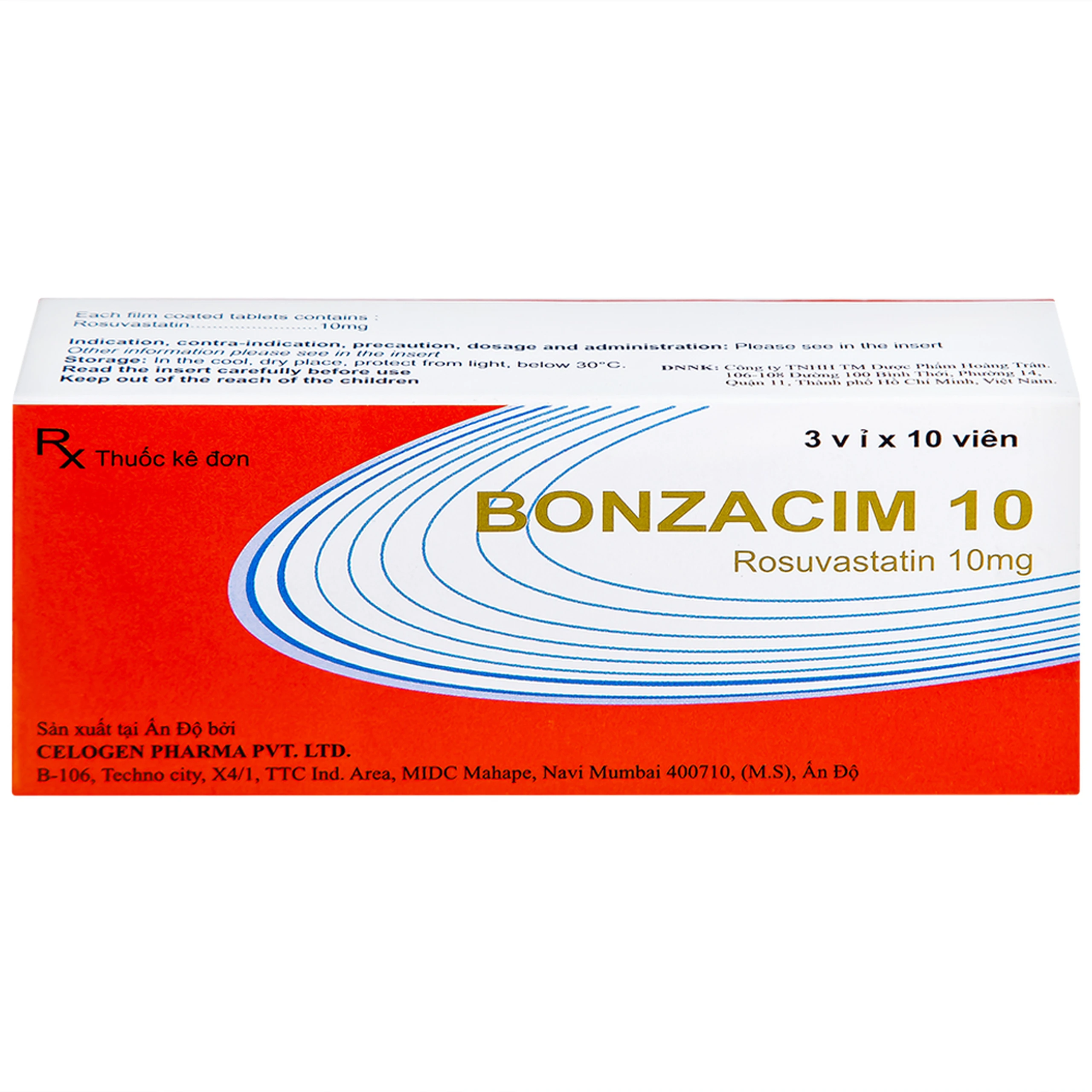 Thuốc Bonzacim 10 Celogen Pharma giảm cholesterol toàn phần (3 vỉ x 10 viên)
