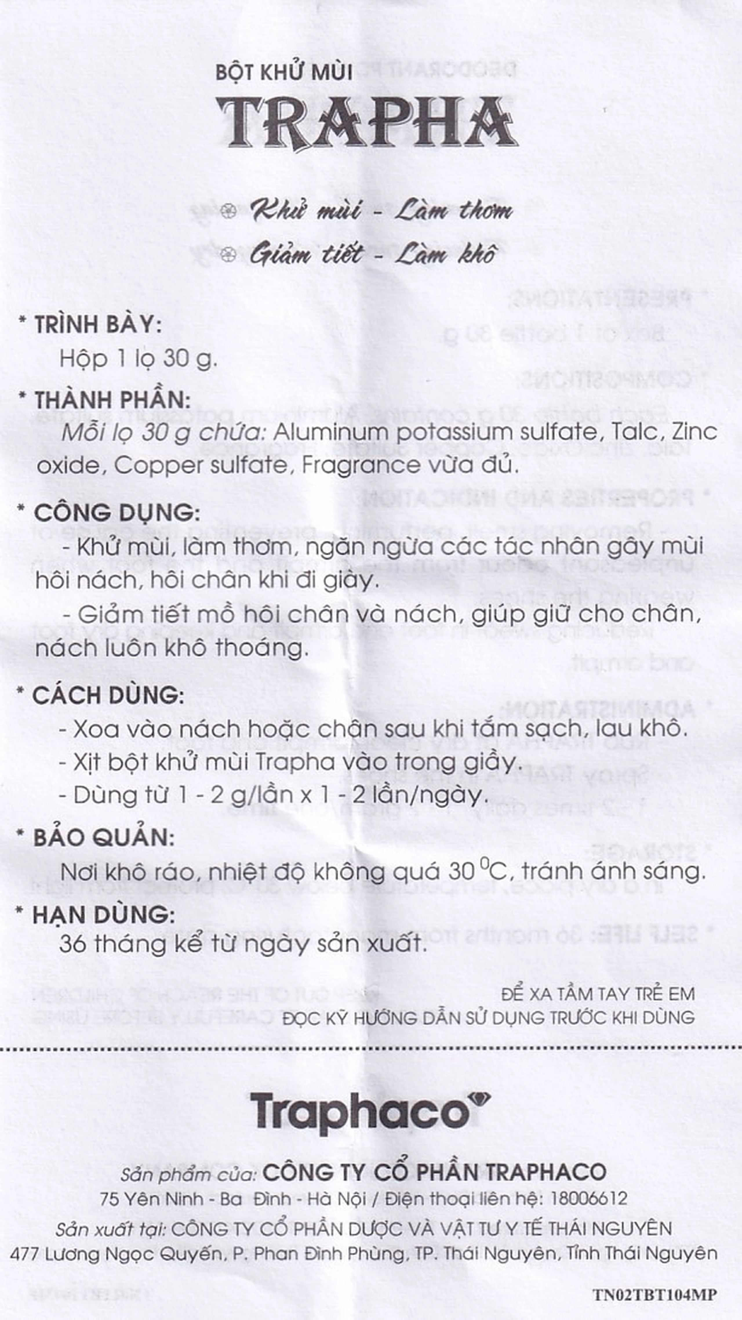Bột Trapha khử mùi hôi chân và nách (30g)