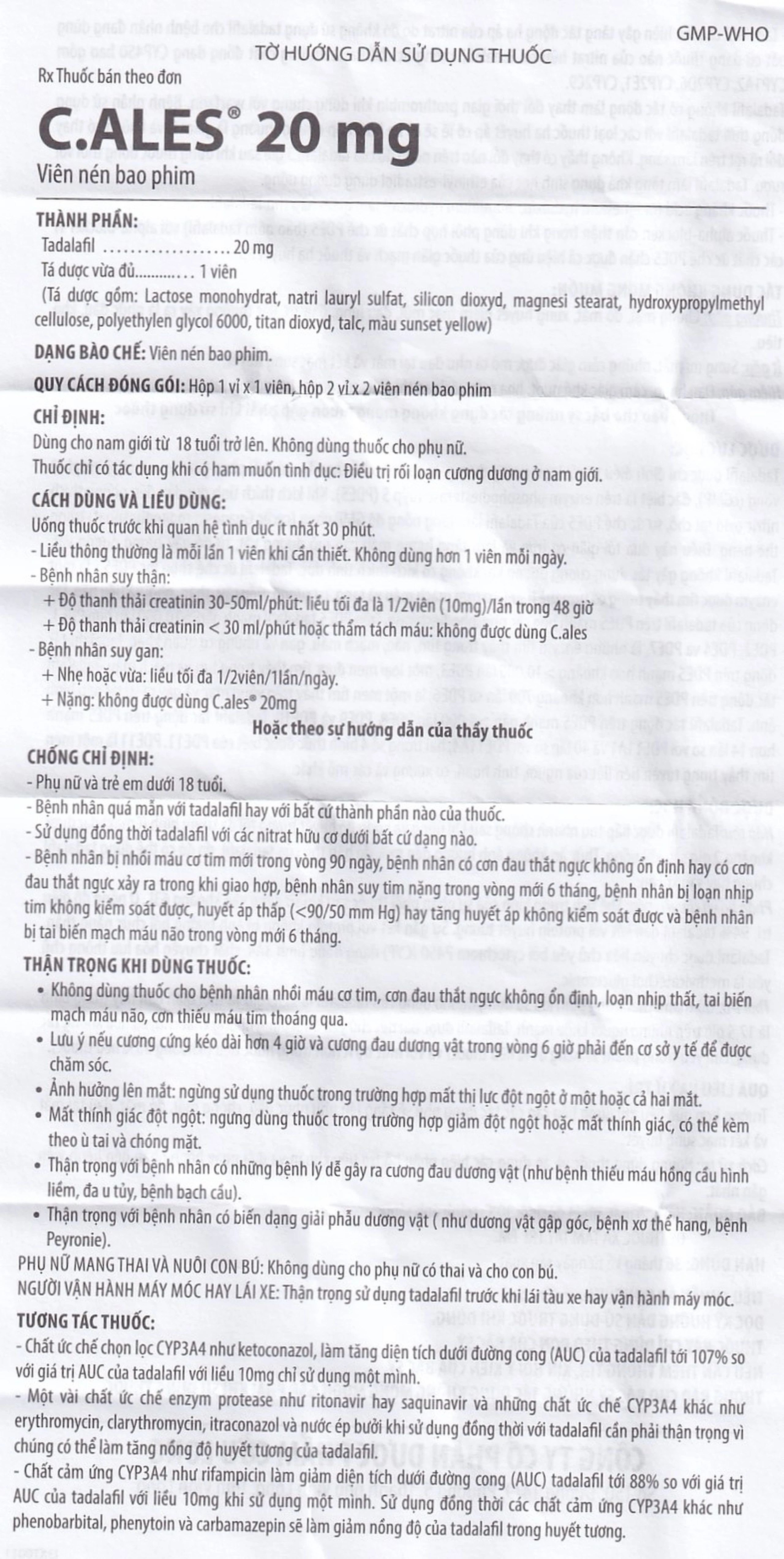 Thuốc C.ales 20mg Pharimexco điều trị rối loạn cương dương (1 viên)