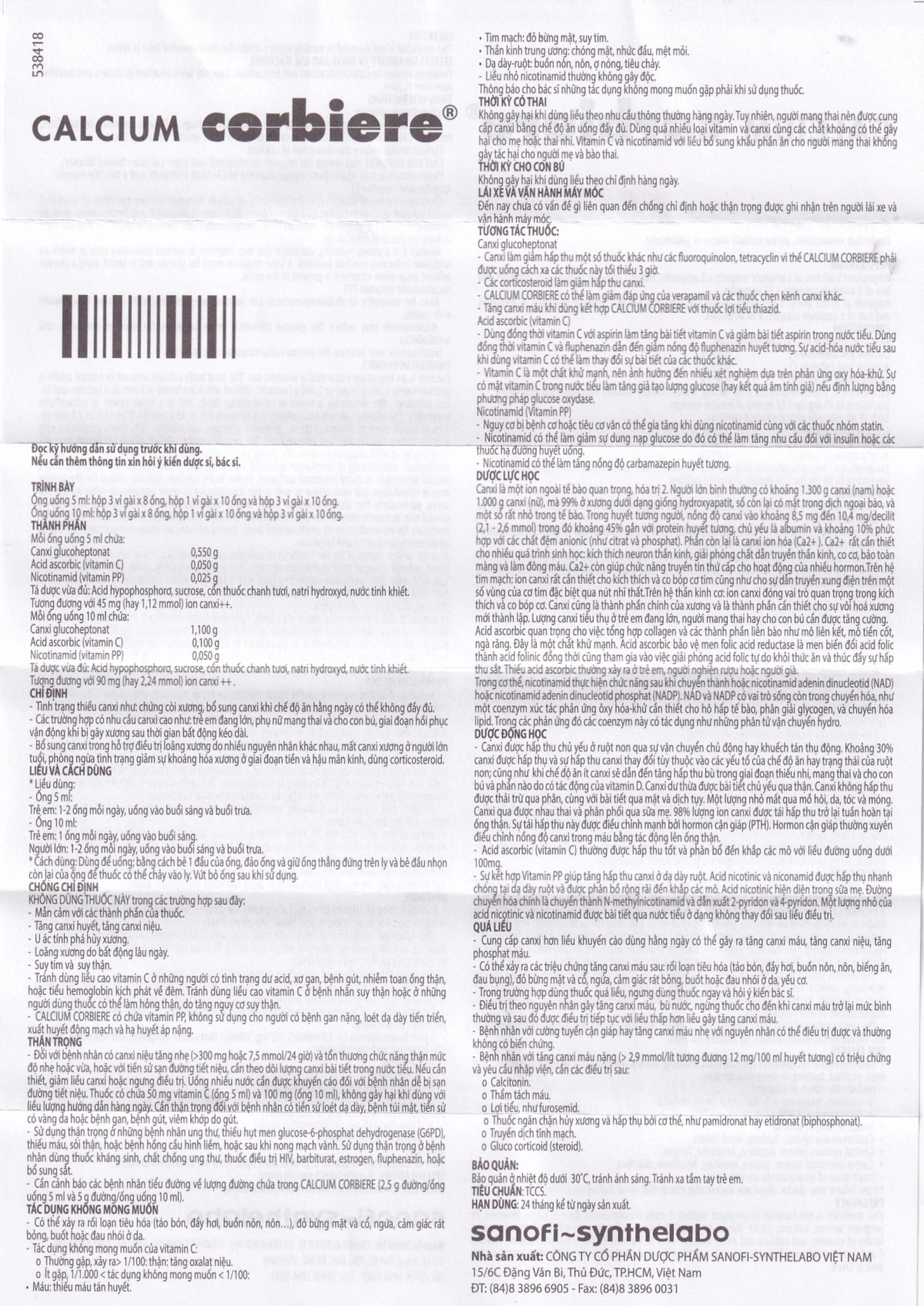 Dung dịch uống Calcium Corbière Sanofi điều trị thiếu canxi, loãng xương (3 vỉ x 10 ống x 10ml)