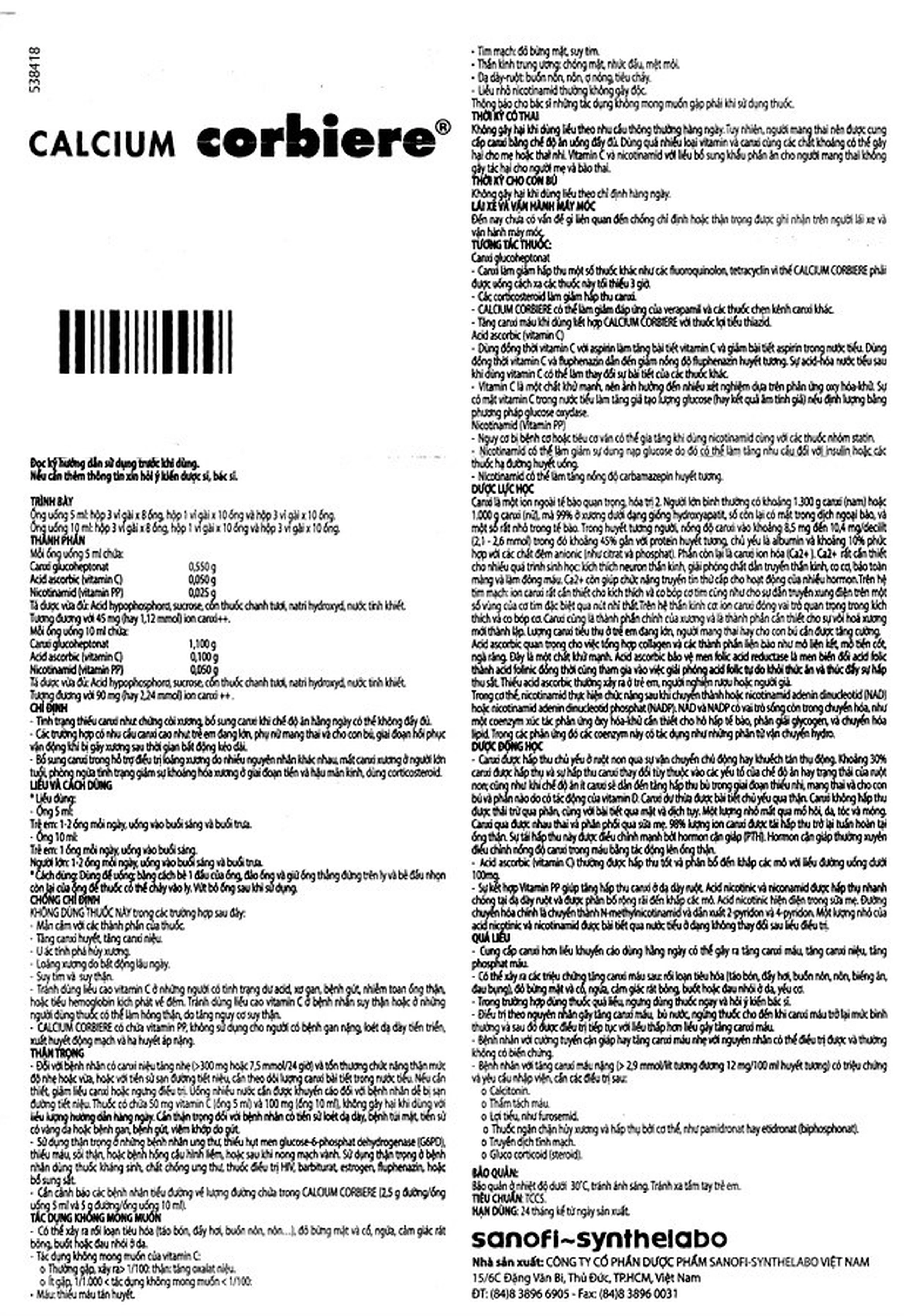 Dung dịch uống Calcium Corbière Sanofi điều trị thiếu canxi, loãng xương (3 vỉ x 10 ống x 5ml)
