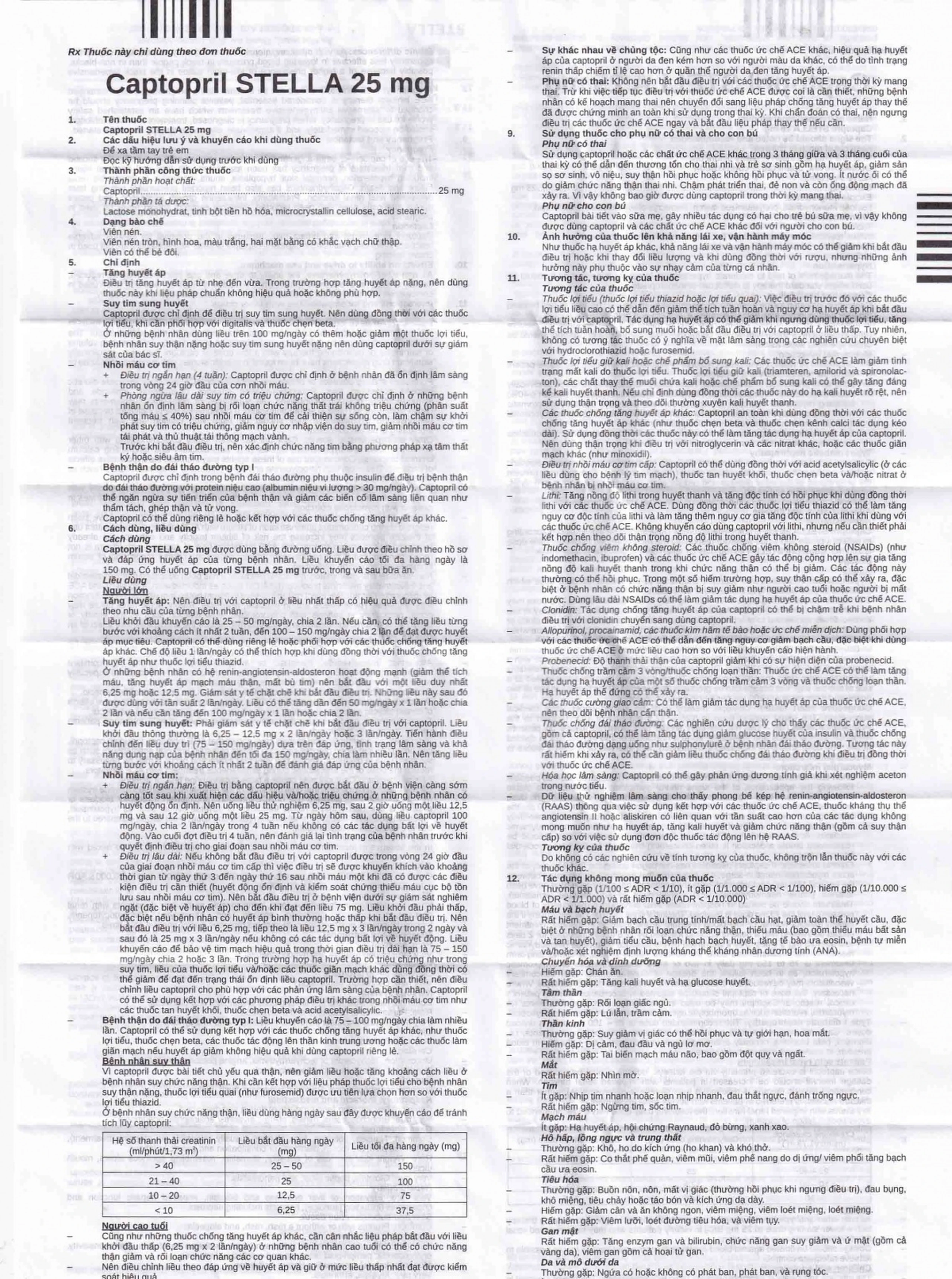 Thuốc Captopril STELLA 25 mg điều trị tăng huyết áp, suy tim sung huyết, nhồi máu cơ tim (10 vỉ x 10 viên)