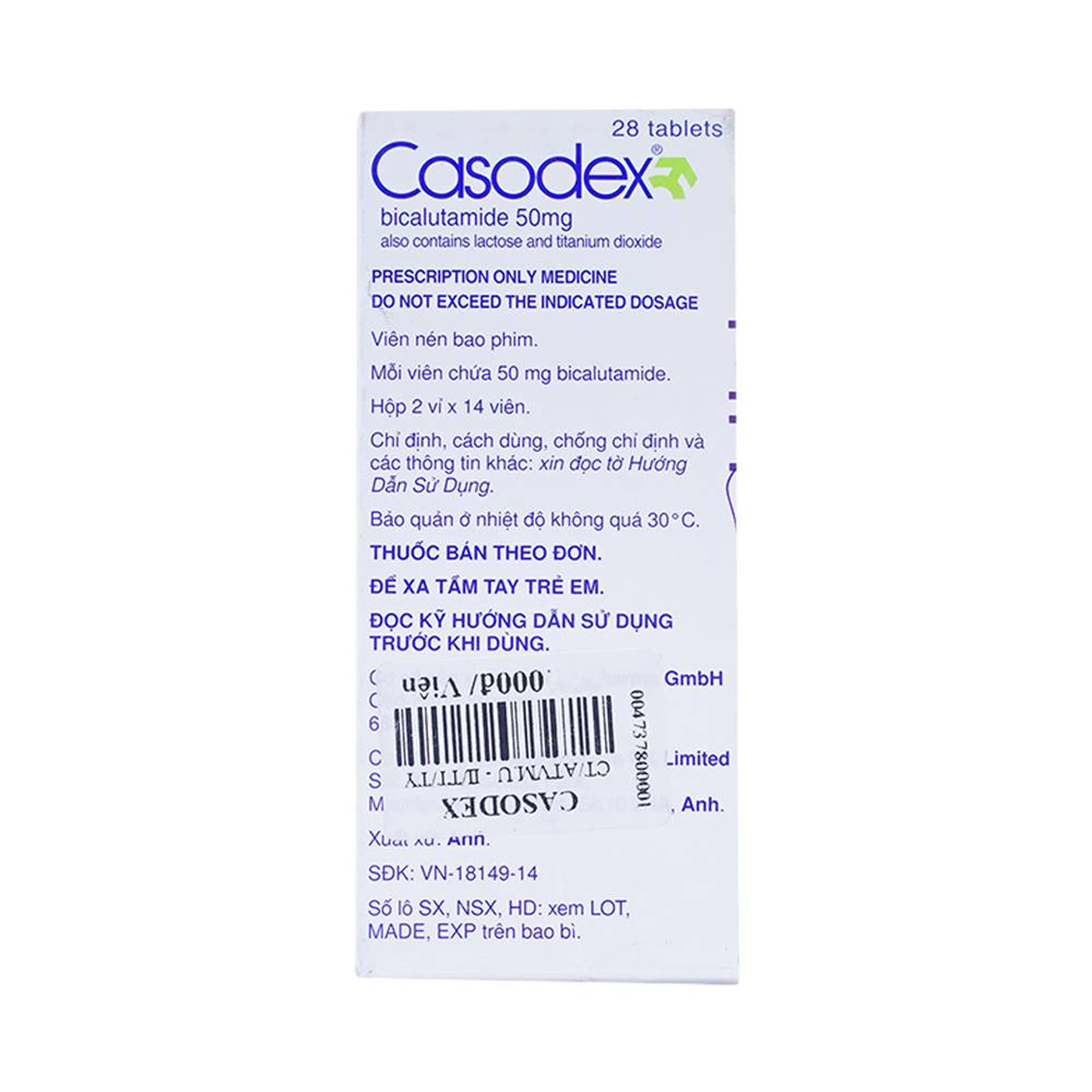 Thuốc Casodex 50mg AstraZeneca điều trị ung thư tiền liệt tuyến tiến (2 vỉ x 14 viên)