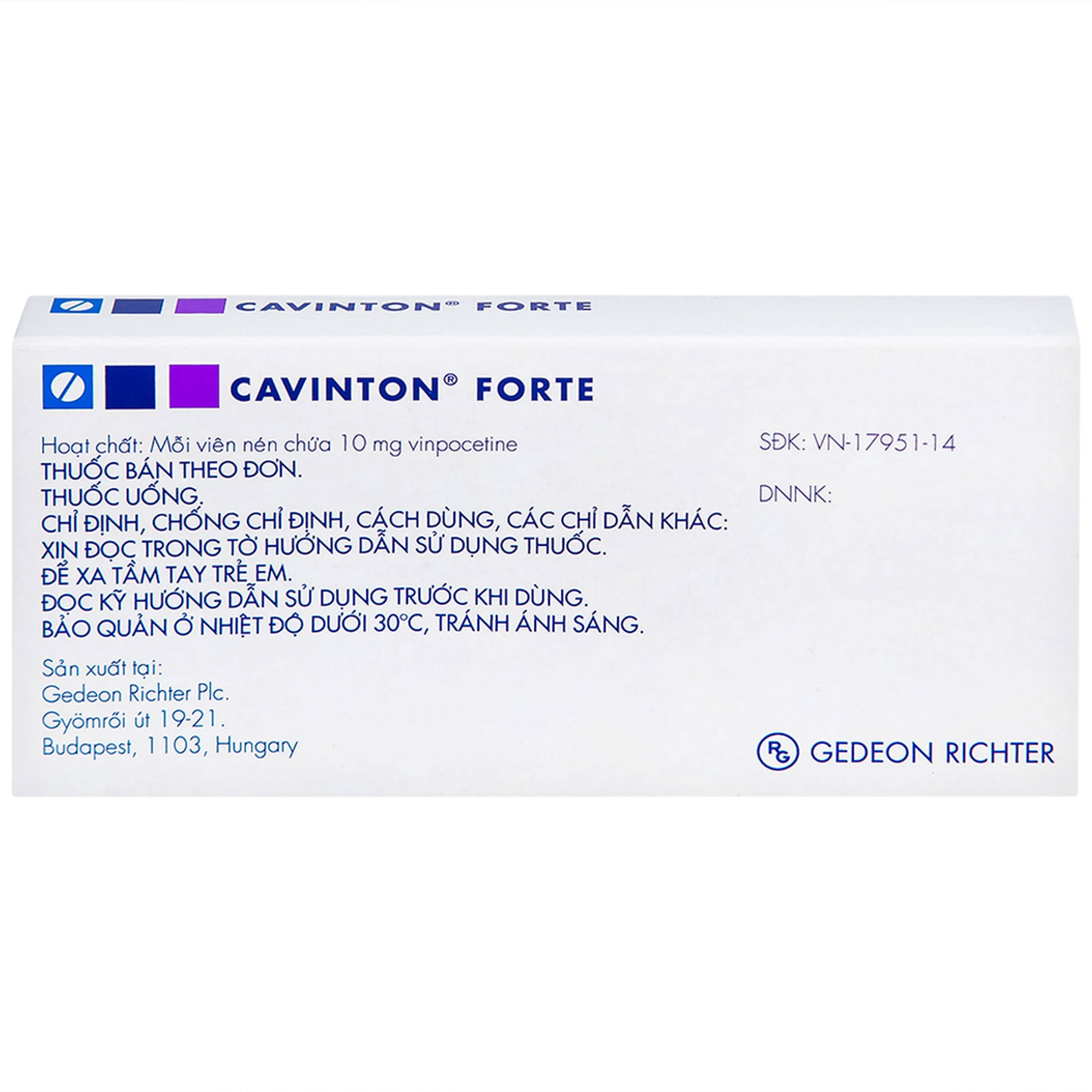 Thuốc Cavinton Forte 10mg Gedeon điều trị rối loạn tuần hoàn máu não (2 vỉ x 15 viên)