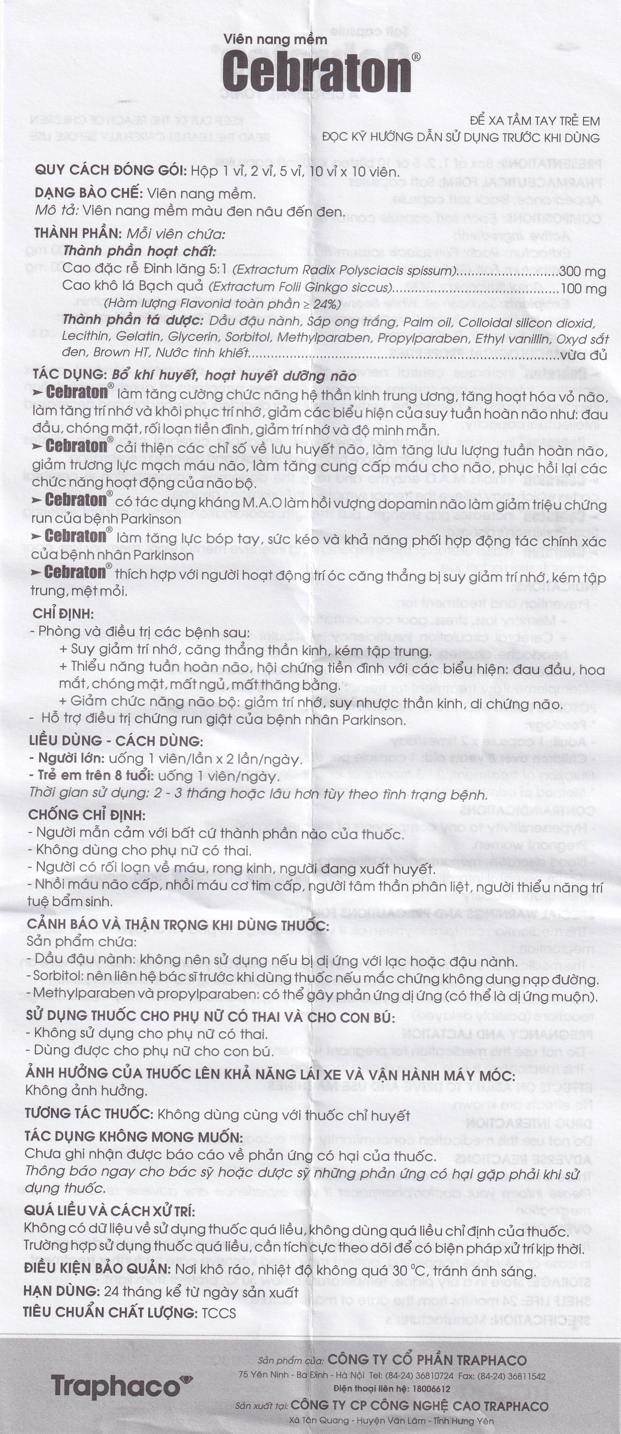 Thuốc Cebraton Traphaco bổ khí huyết, hoạt huyết dưỡng não (5 vỉ x 10 viên)