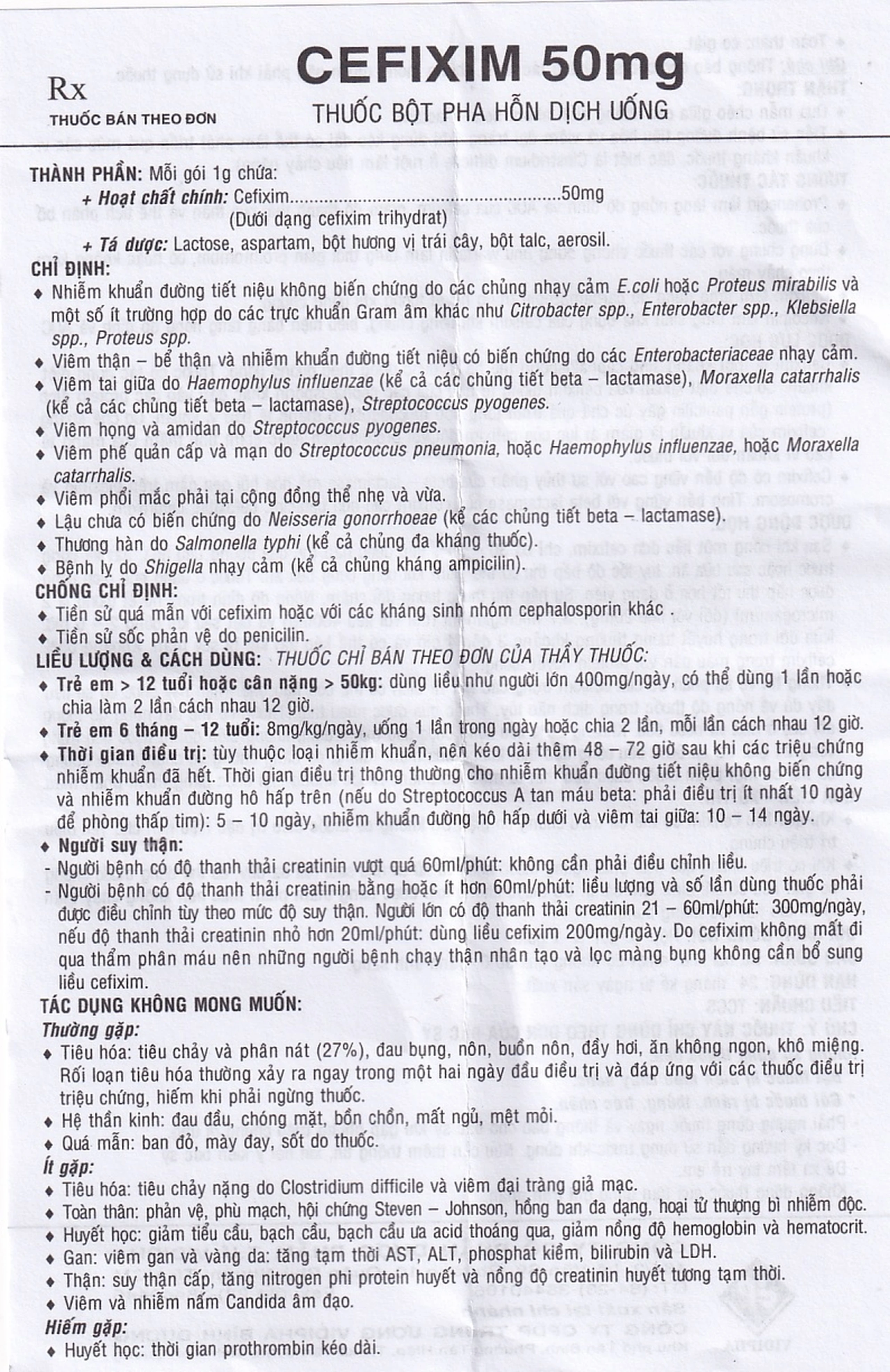 Bột pha hỗn dịch uống Cefixim 50mg Vidipha điều trị nhiễm khuẩn (10 gói)