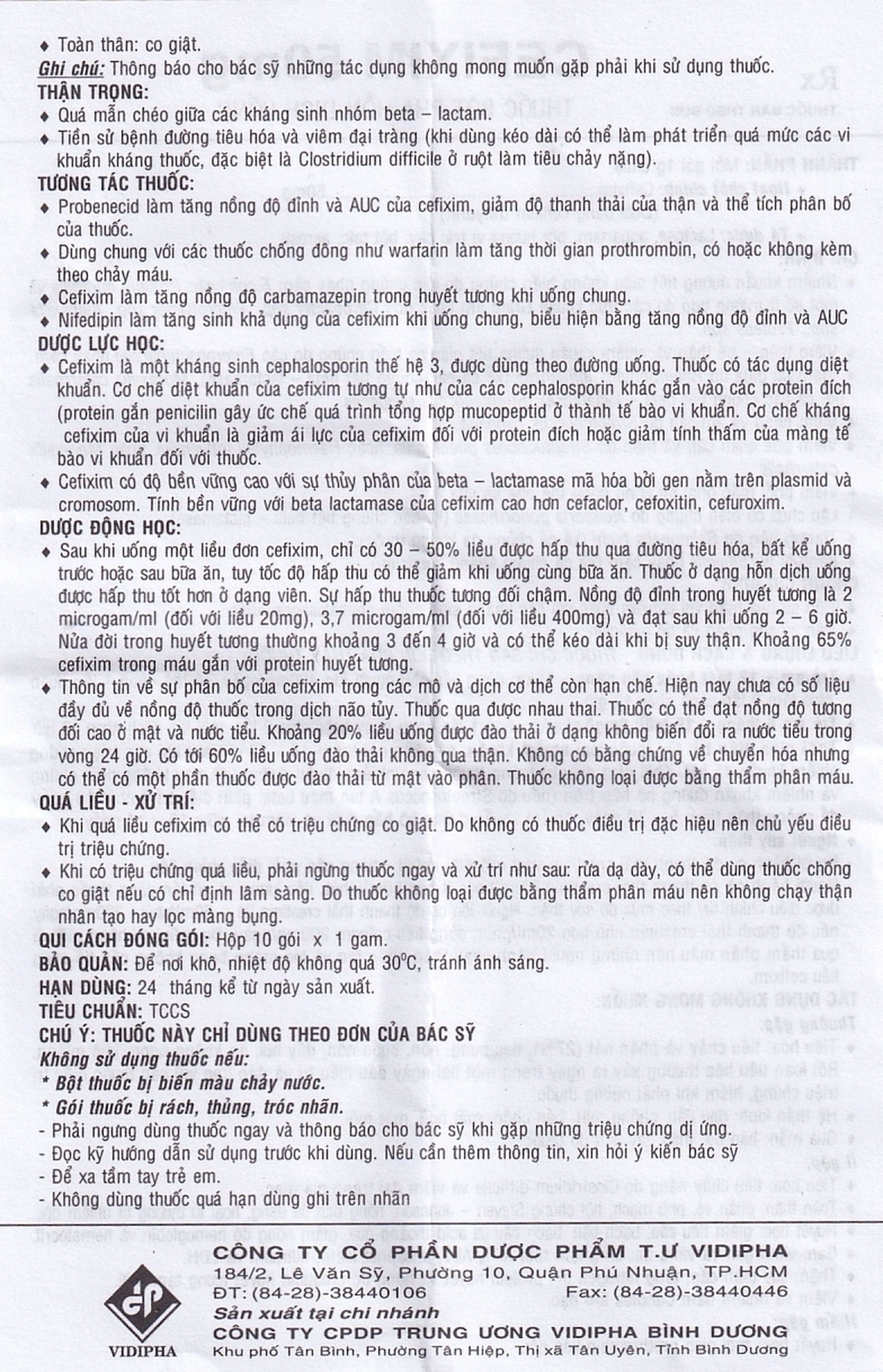 Bột pha hỗn dịch uống Cefixim 50mg Vidipha điều trị nhiễm khuẩn (10 gói)