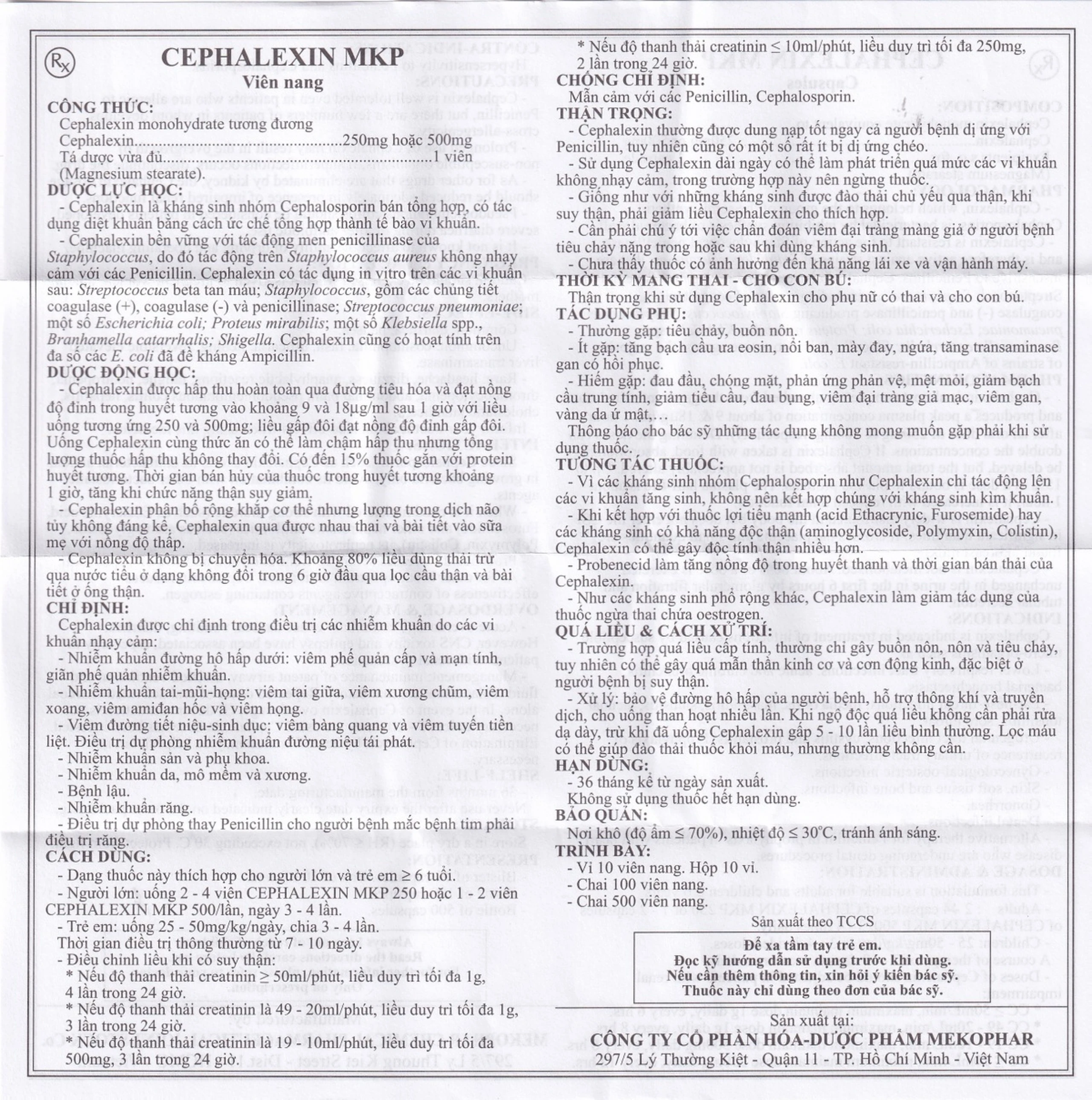 Thuốc Cephalexin MKP 500 điều trị nhiễm khuẩn (10 vỉ x 10 viên)