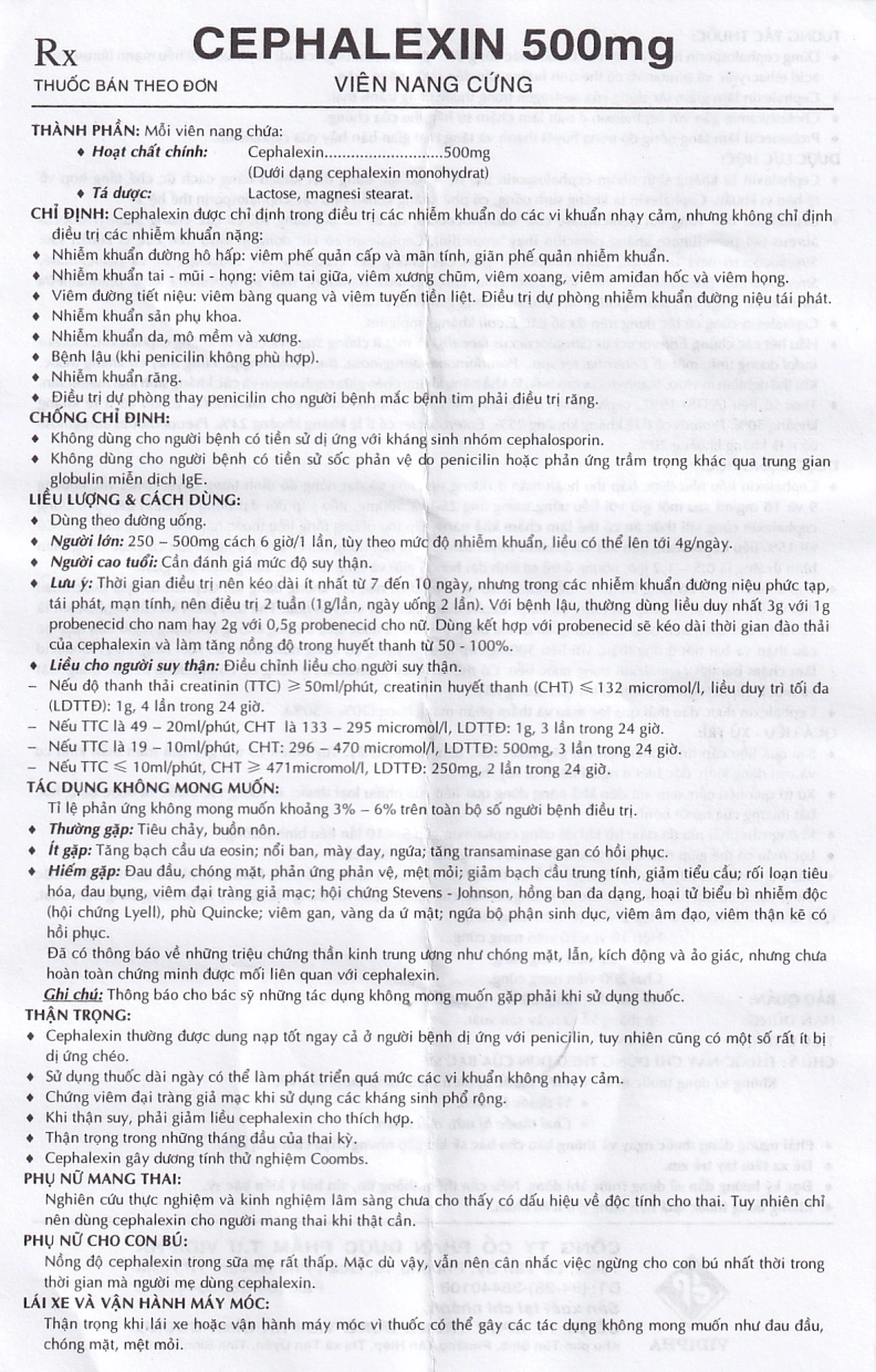 Thuốc Cephalexin 500mg Vidipha điều trị nhiễm khuẩn (10 vỉ x 10 viên)