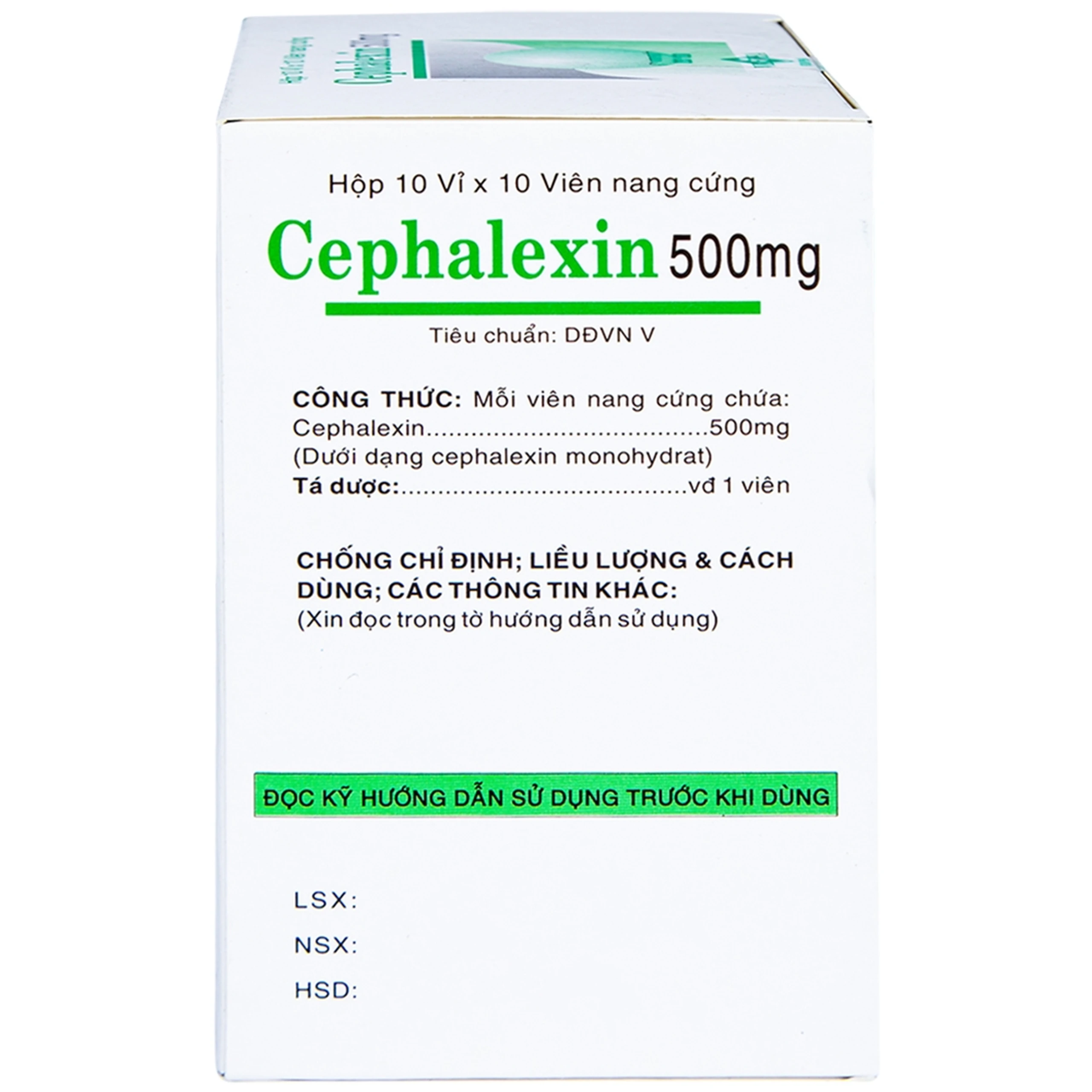 Thuốc Cephalexin 500mg Vidipha điều trị nhiễm khuẩn (10 vỉ x 10 viên)