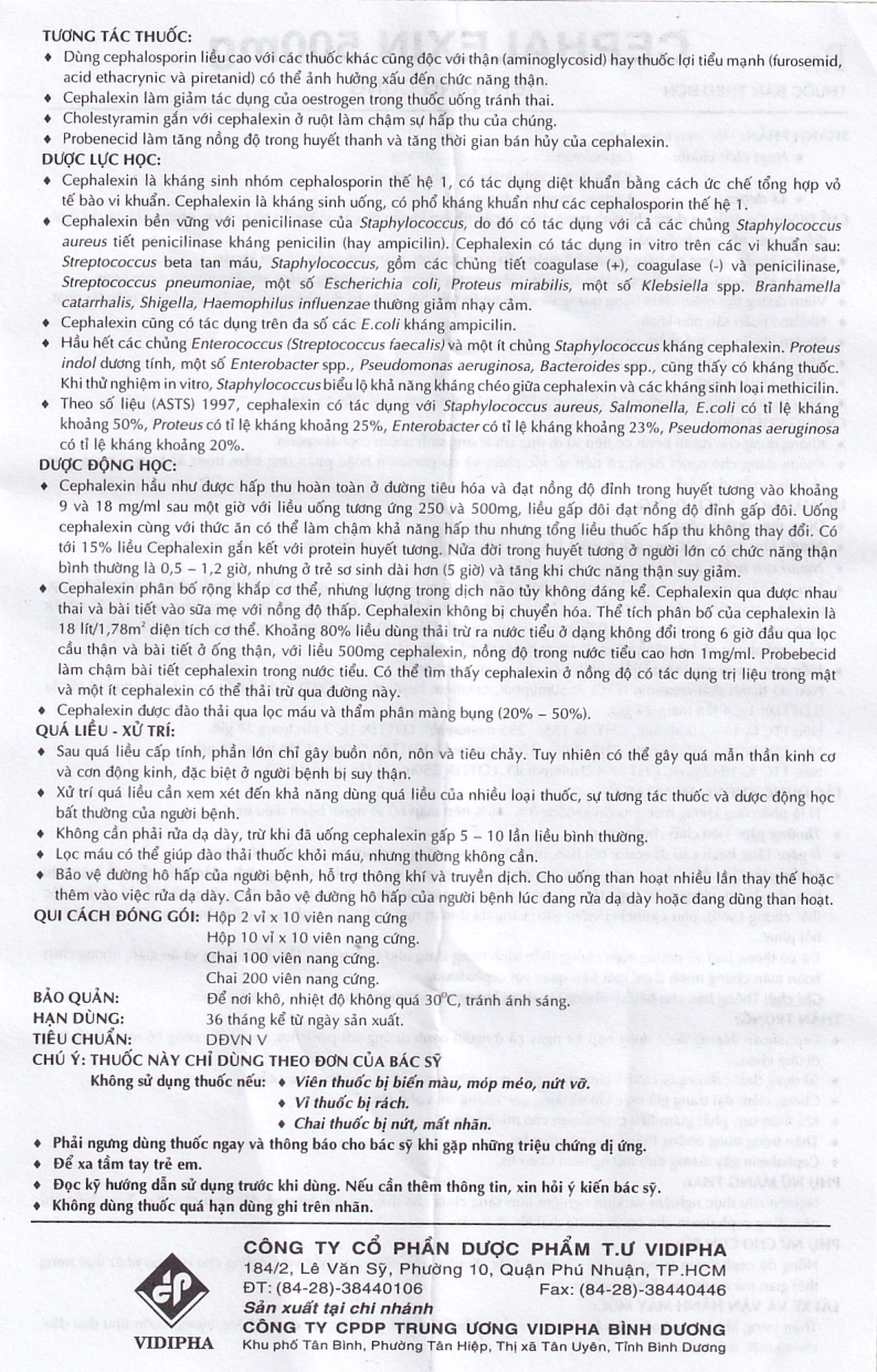 Thuốc Cephalexin 500mg Vidipha điều trị nhiễm khuẩn (10 vỉ x 10 viên)
