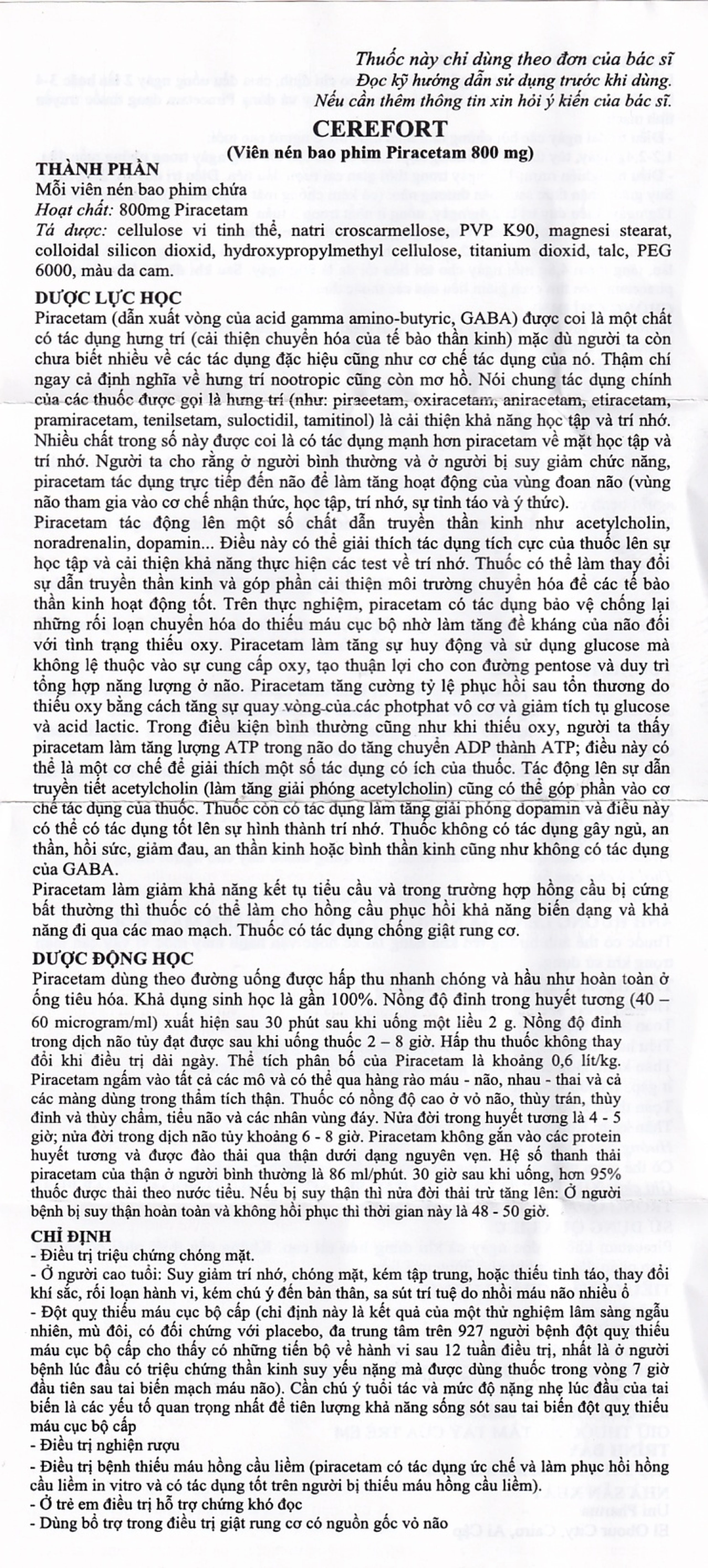 Thuốc Cerefort 800mg Unipharma điều trị chứng chóng mặt, suy giảm trí nhớ (3 vỉ x 10 viên)