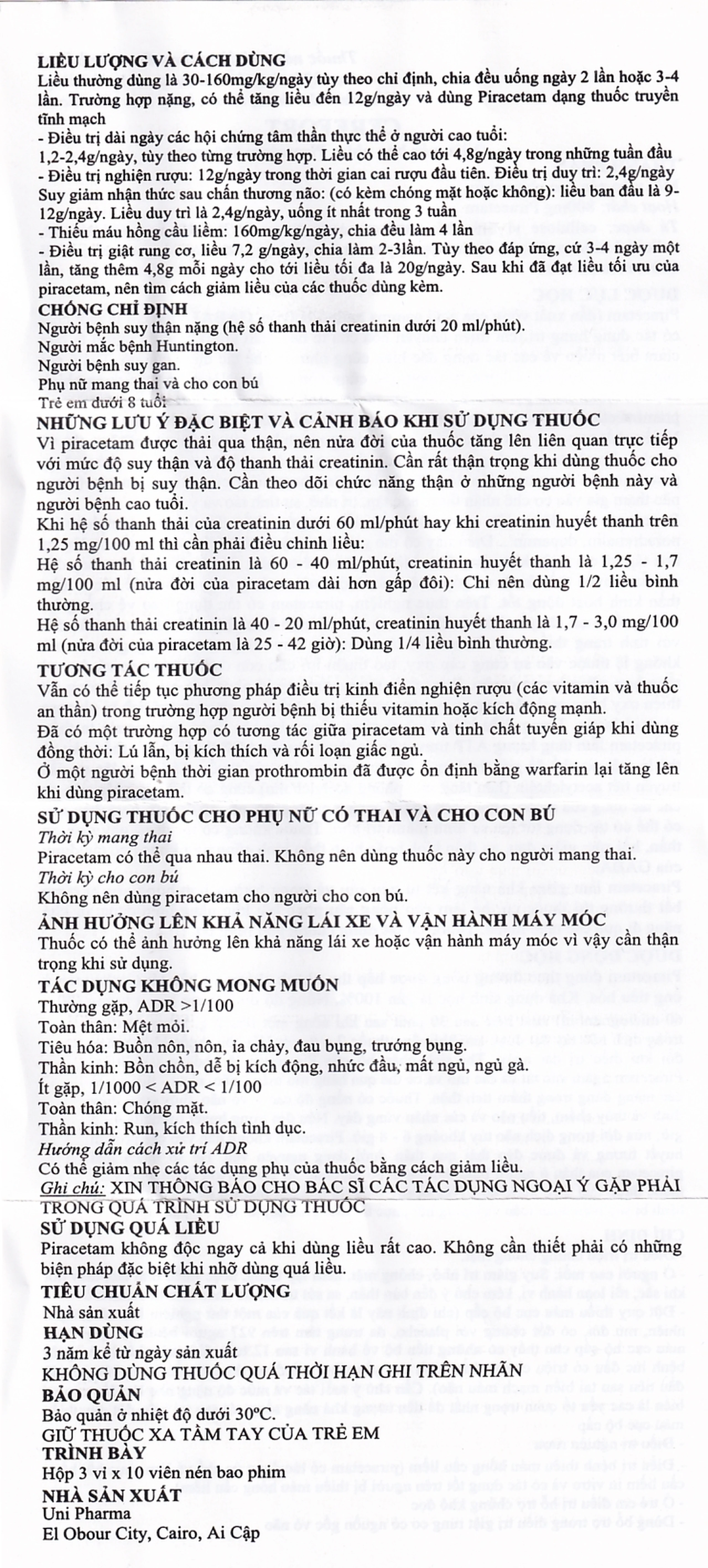 Thuốc Cerefort 800mg Unipharma điều trị chứng chóng mặt, suy giảm trí nhớ (3 vỉ x 10 viên)