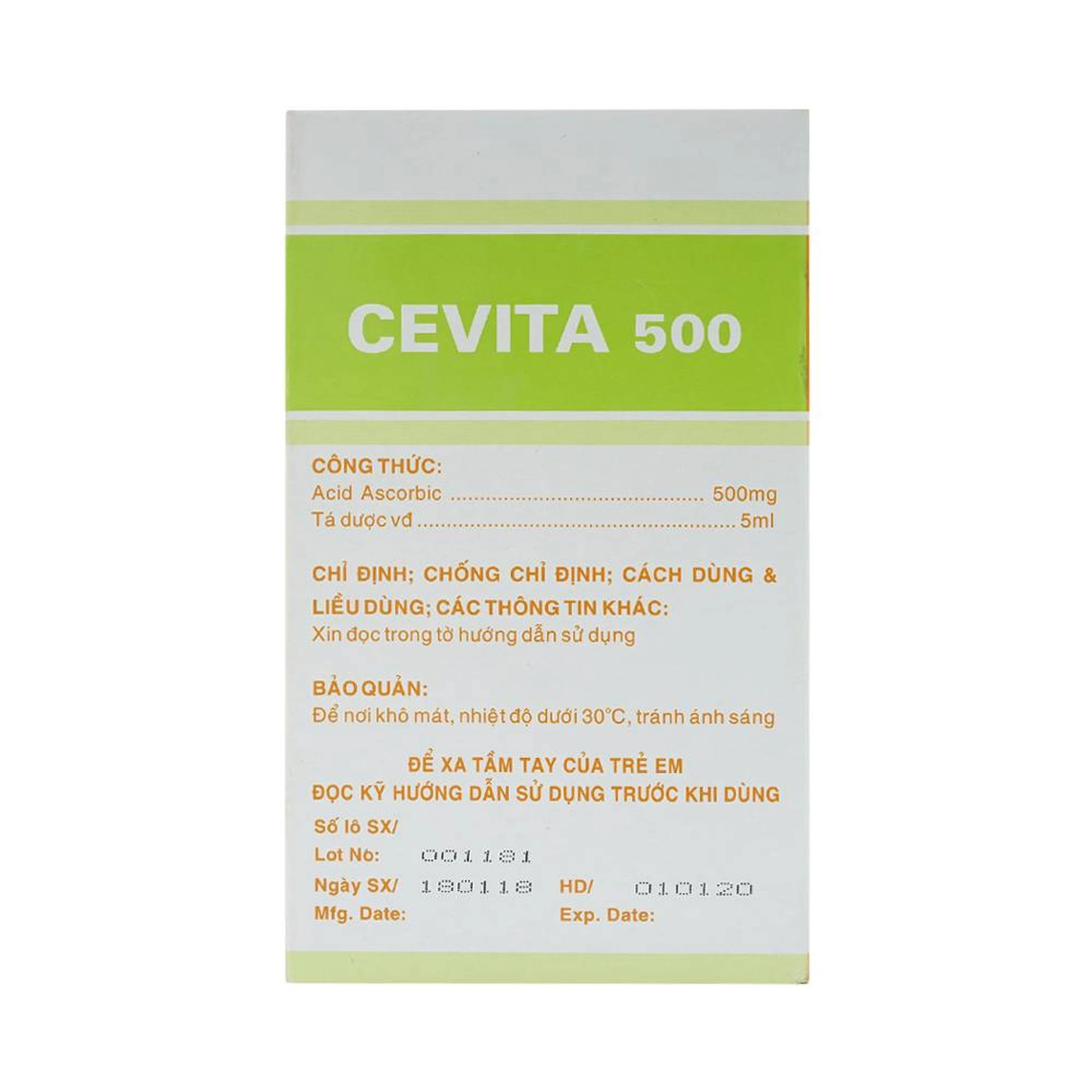 Thuốc tiêm Cevita 500 F.T Pharma điều trị thiếu Vitamin C (10 vỉ x 10 ống x 5ml)