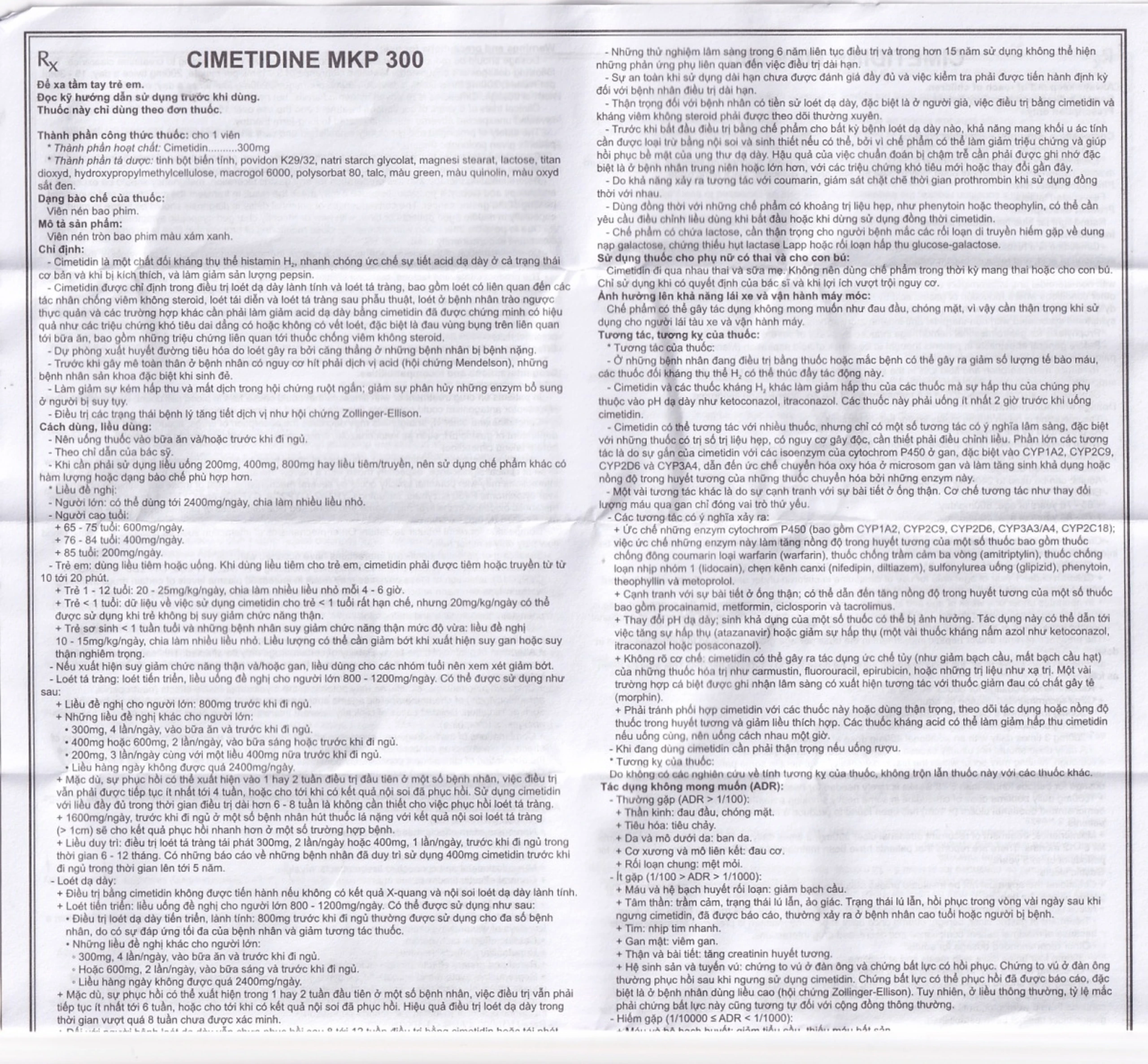 Thuốc Cimetidine MKP 300mg Mekophar điều trị ngắn hạn loét dạ dày, tá tràng tiến triển (10 vỉ x 10 viên)