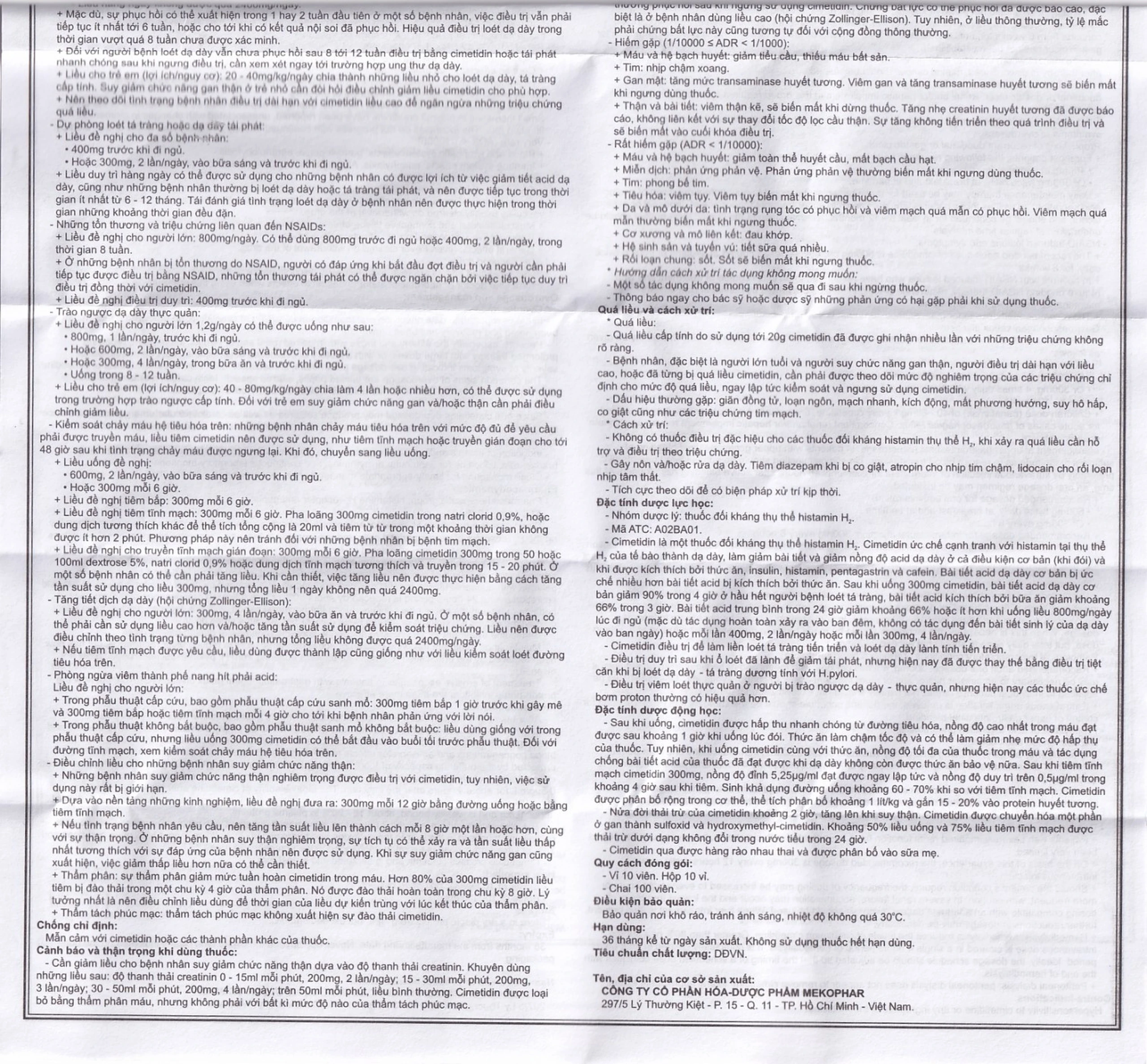 Thuốc Cimetidine MKP 300mg Mekophar điều trị ngắn hạn loét dạ dày, tá tràng tiến triển (10 vỉ x 10 viên)