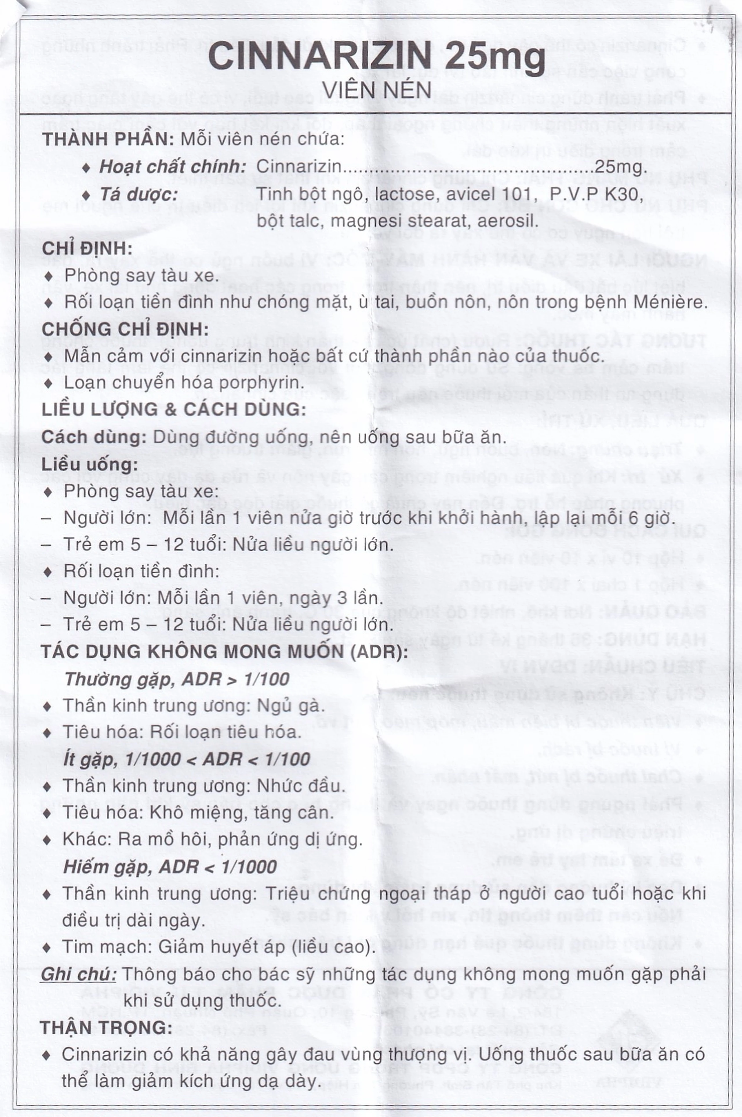 Thuốc Cinnarizin 25mg Vidipha phòng say tàu xe, rối loạn tiền đình (100 viên)
