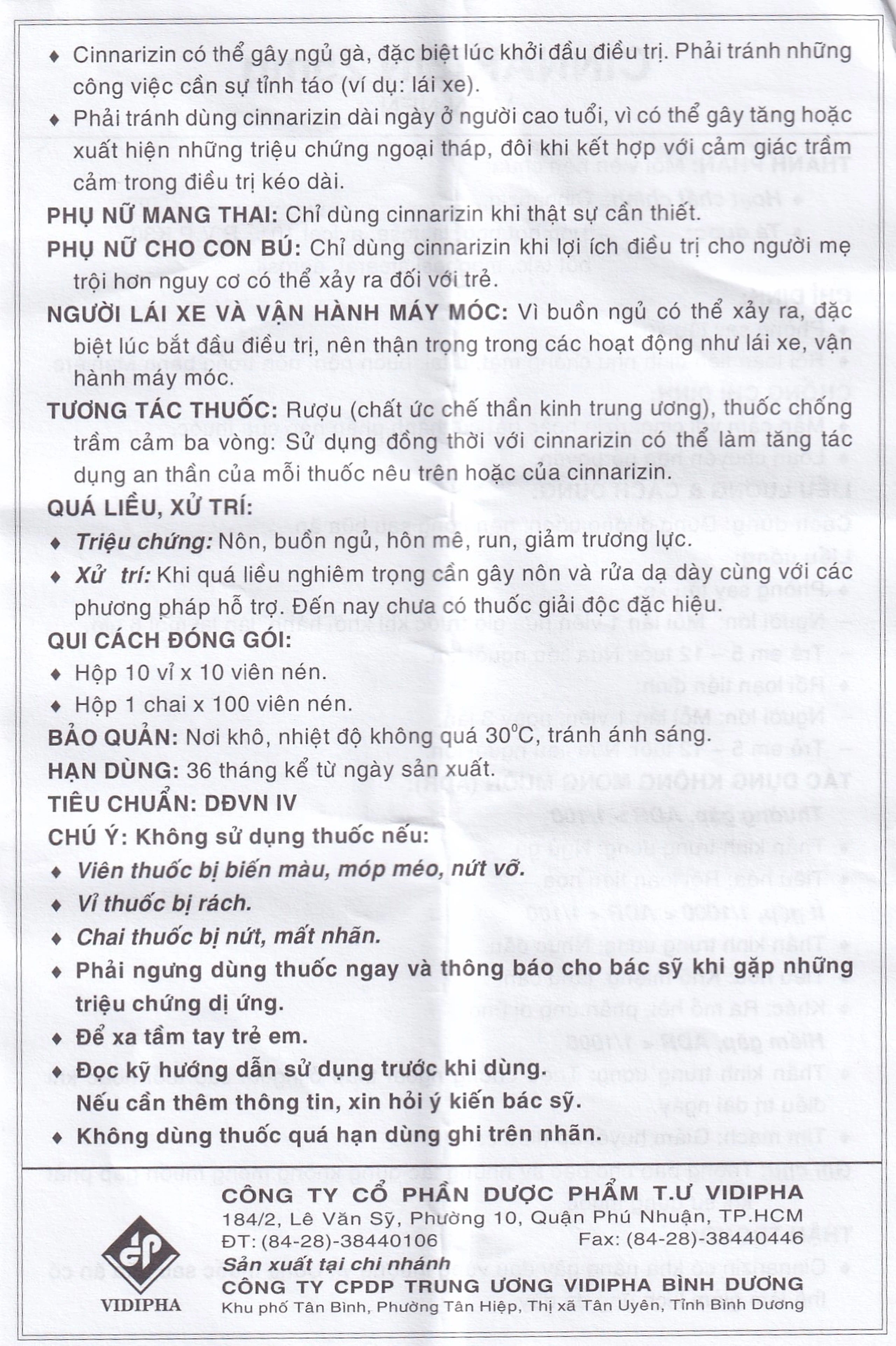 Thuốc Cinnarizin 25mg Vidipha phòng say tàu xe, rối loạn tiền đình (100 viên)