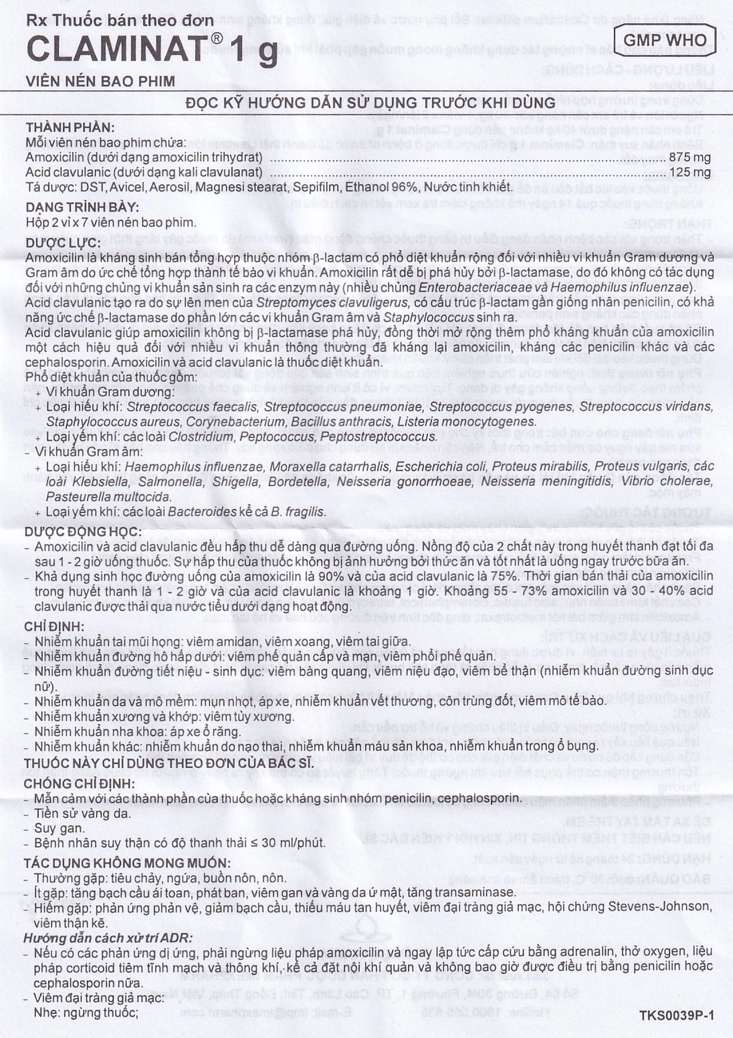 Thuốc Claminat 1g Imexpharm điều trị nhiễm khuẩn (2 vỉ x 7 viên)