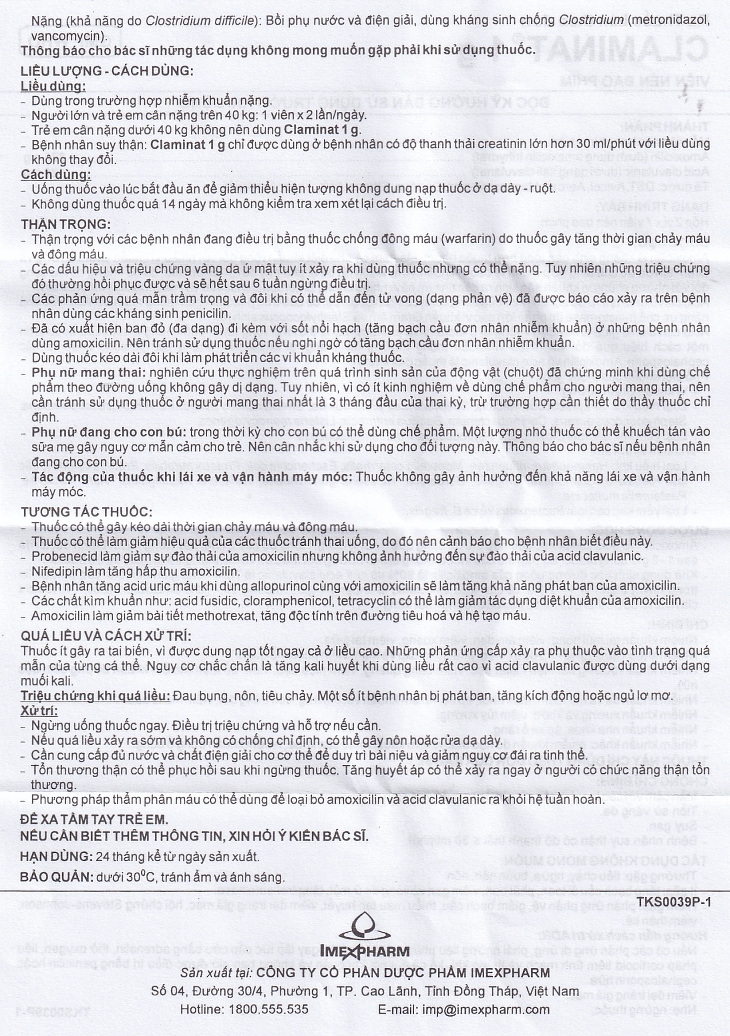 Thuốc Claminat 1g Imexpharm điều trị nhiễm khuẩn (2 vỉ x 7 viên)