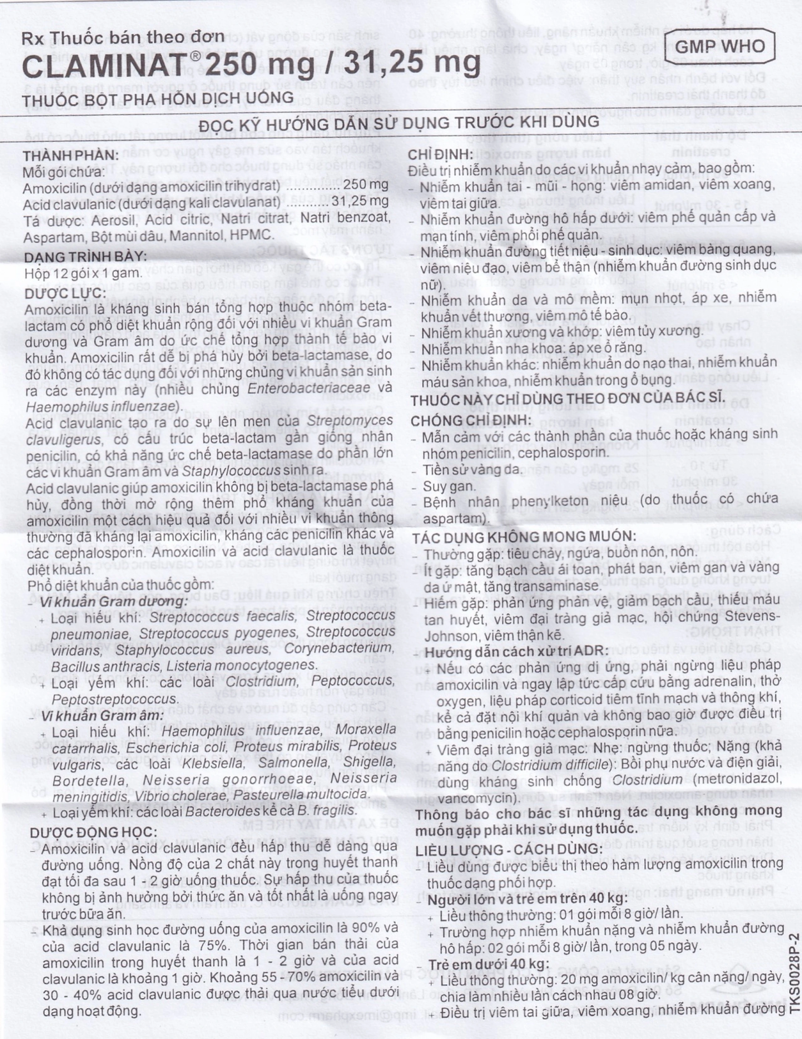 Thuốc Claminat IMP 250/31.25 điều trị nhiễm khuẩn (12 gói)