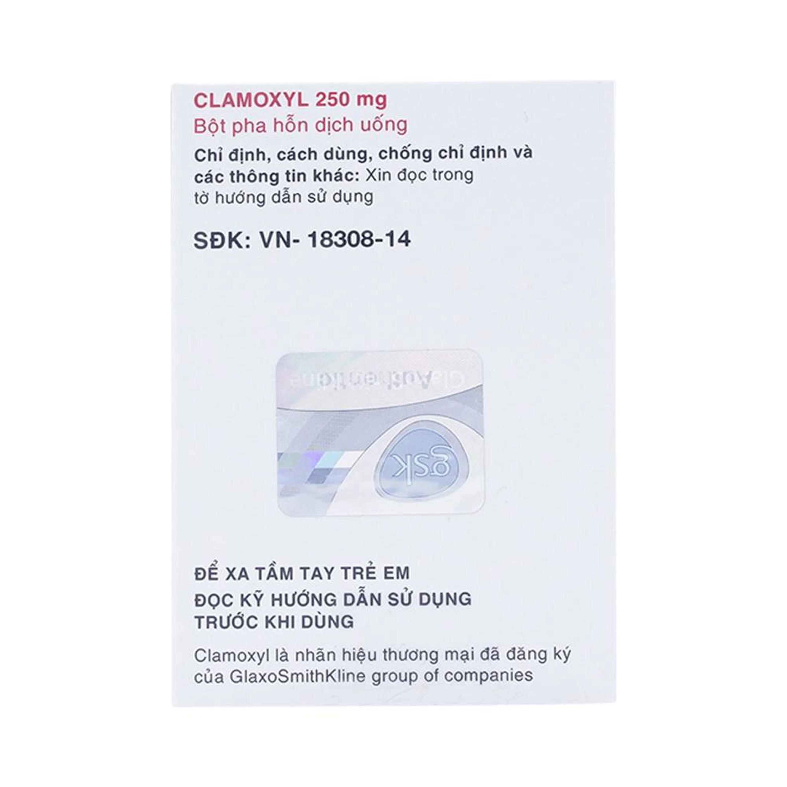 Bột pha hỗn dịch uống Clamoxyl 250mg GSK điều trị nhiễm khuẩn (12 gói)