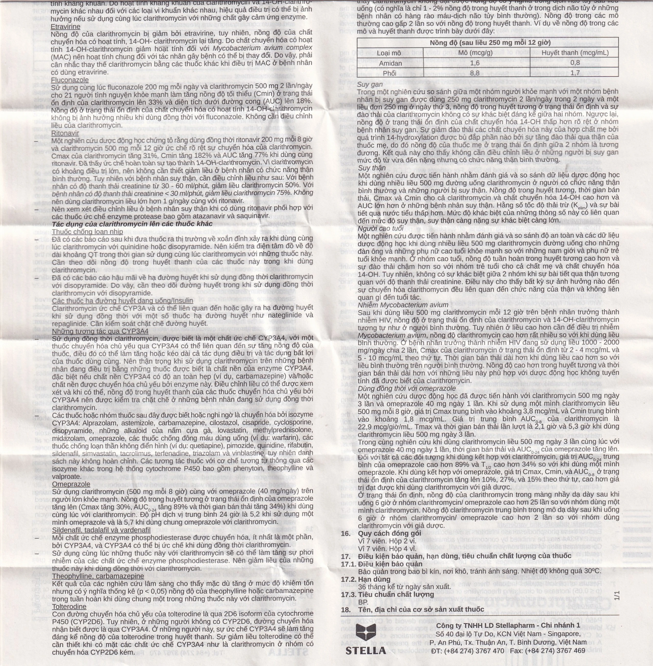 Thuốc Clarithromycin Stella 500mg điều trị nhiễm trùng (4 vỉ x 7 viên)