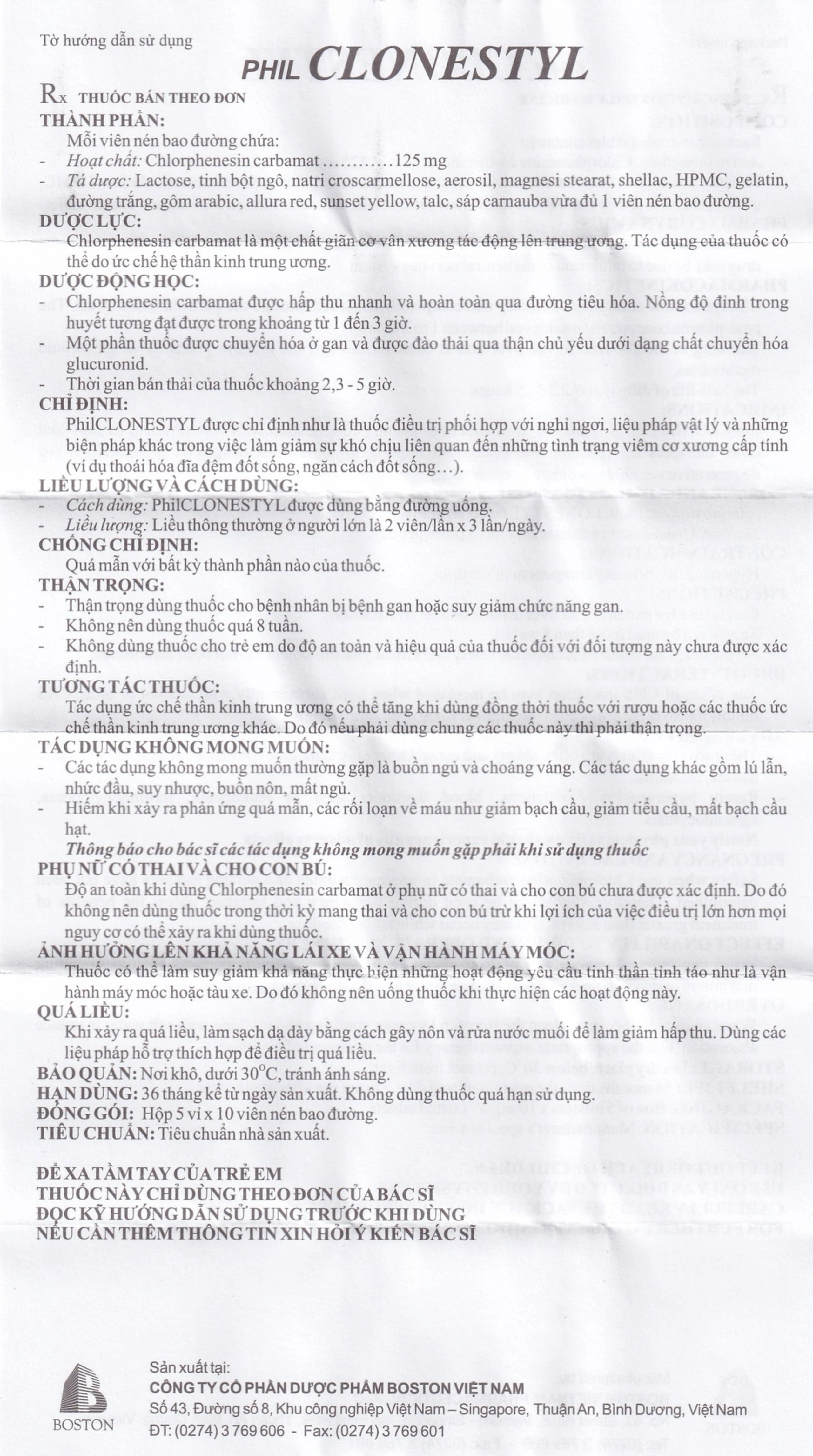 Viên nén Philclonestyl 125mg Boston điều trị triệu chứng các cơn co thắt cơ (5 vỉ x 10 viên)	