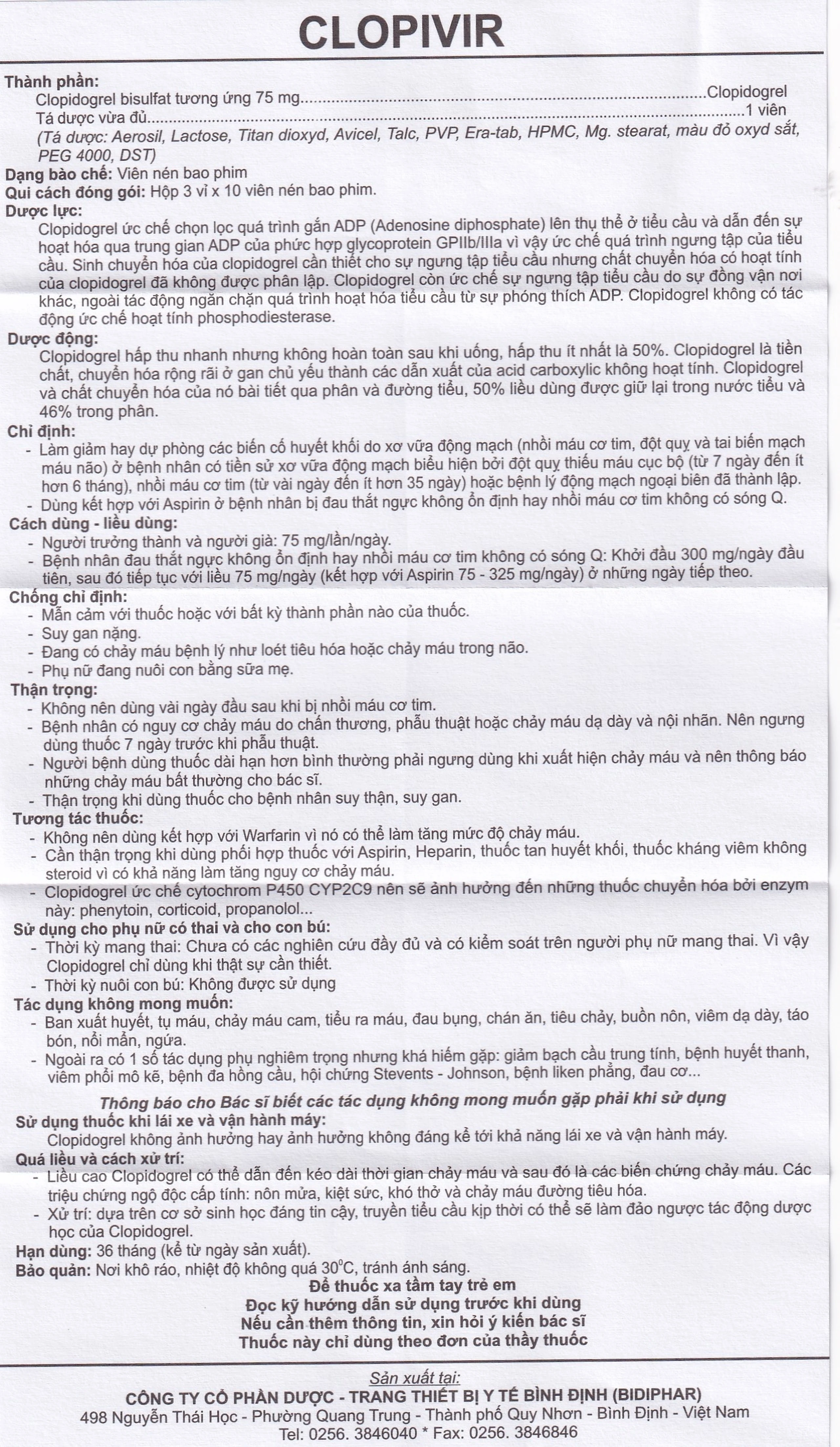 Thuốc Clopivir 75mg Bidiphar phòng ngừa nhồi máu cơ tim, đột quỵ (3 vỉ x 10 viên)
