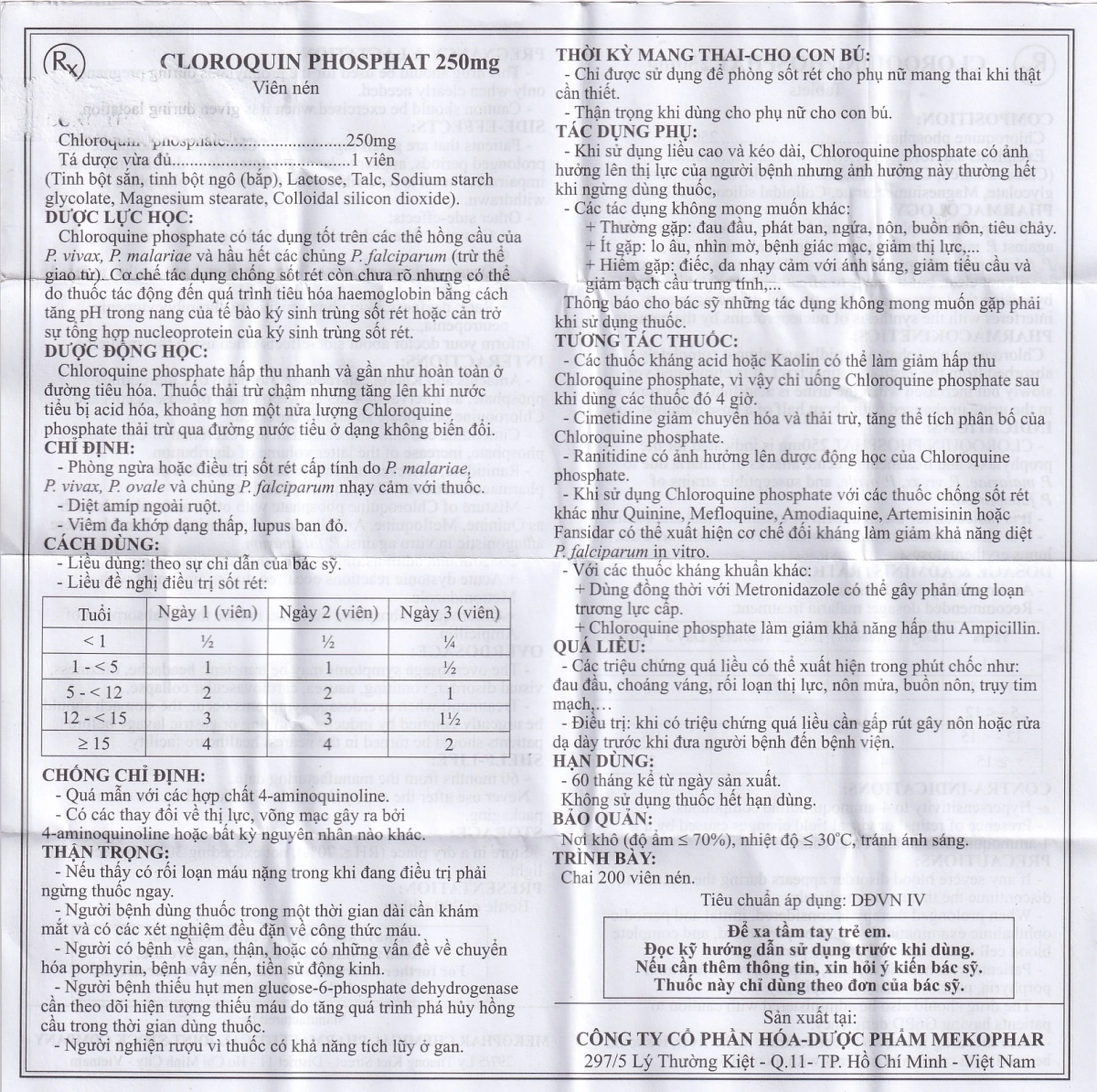 Thuốc Cloroquin Phosphat 250mg Mekophar phòng ngừa hoặc điều trị sốt rét cấp tính (200 viên)
