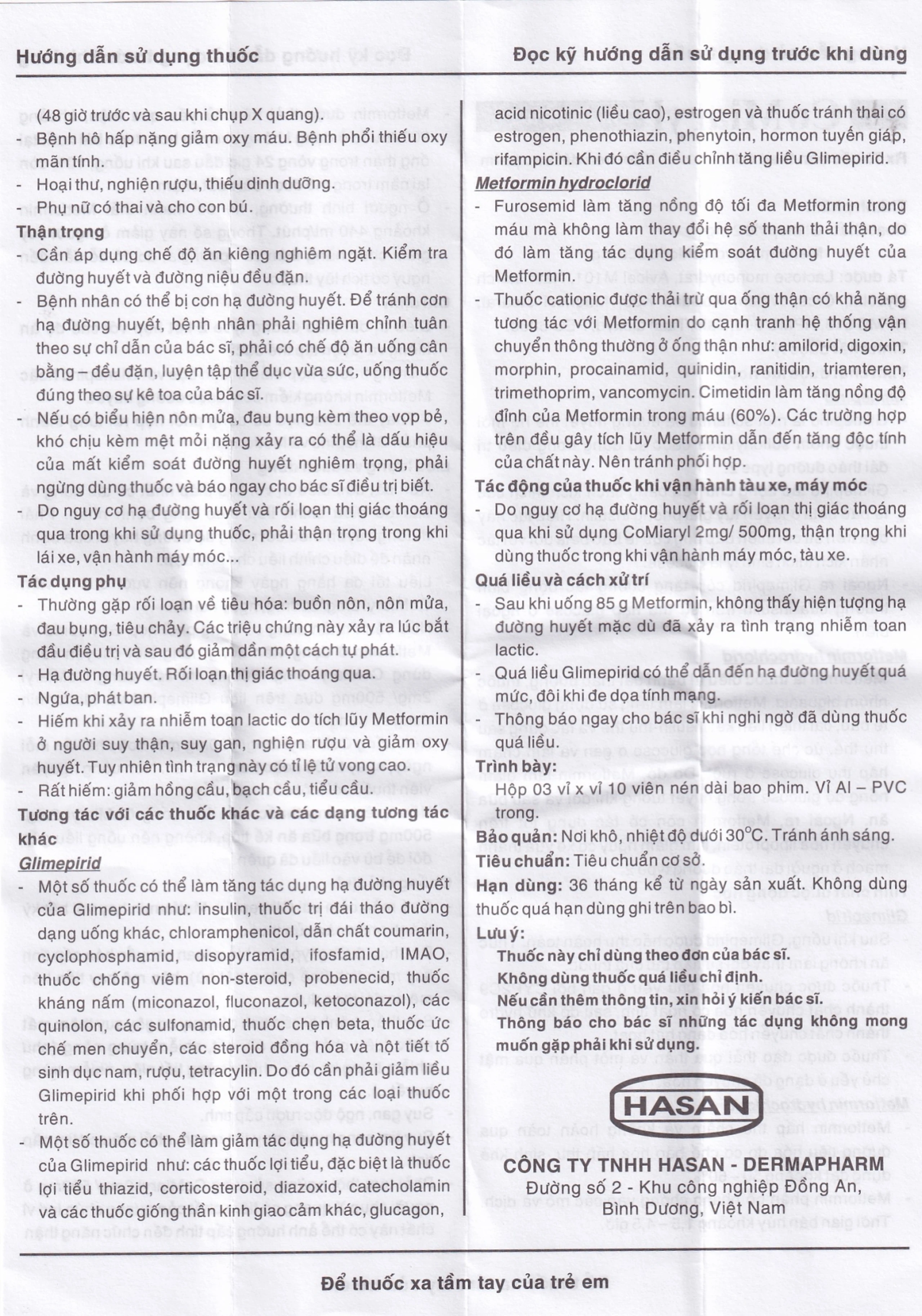 Thuốc CoMiaryl 2mg/500mg Hasan điều trị đái tháo đường típ 2 (3 vỉ x 10 viên)