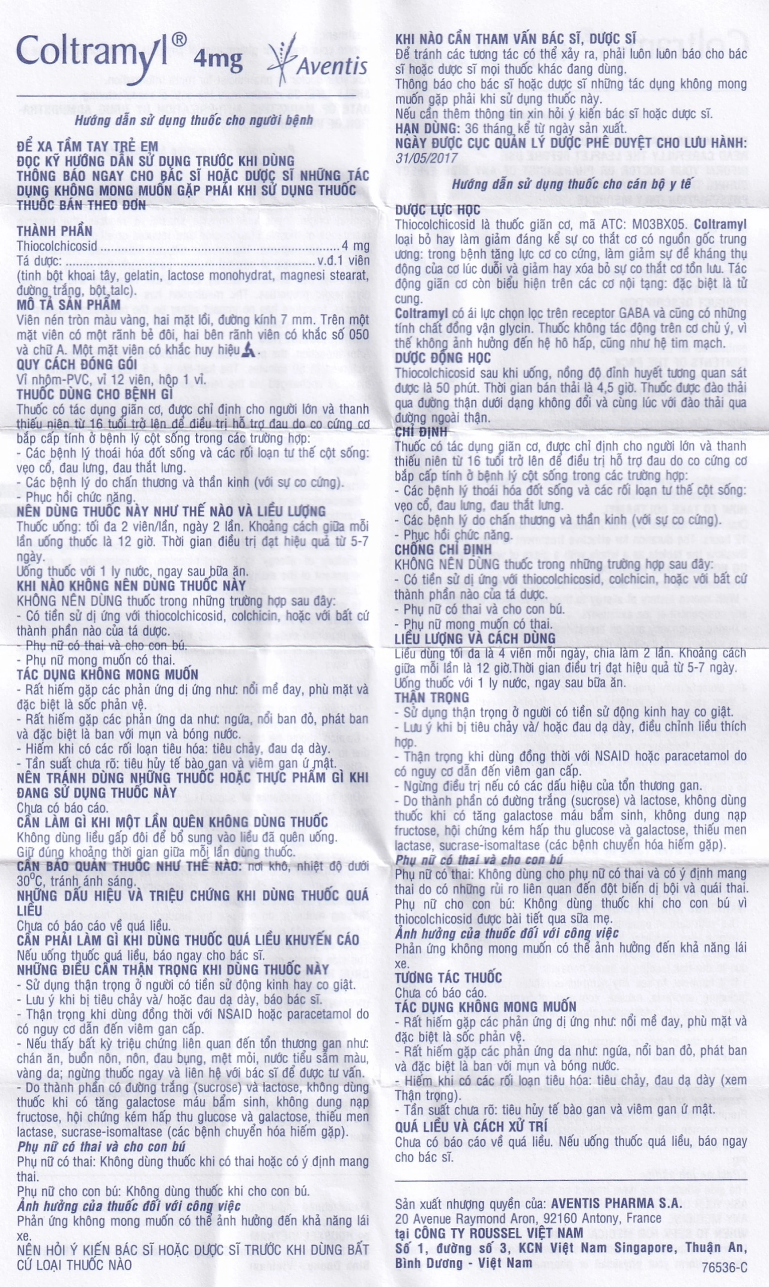 Thuốc Coltramyl 4mg Roussel điều trị hỗ trợ đau do co cứng cơ bắp cấp tính (1 vỉ x 12 viên)