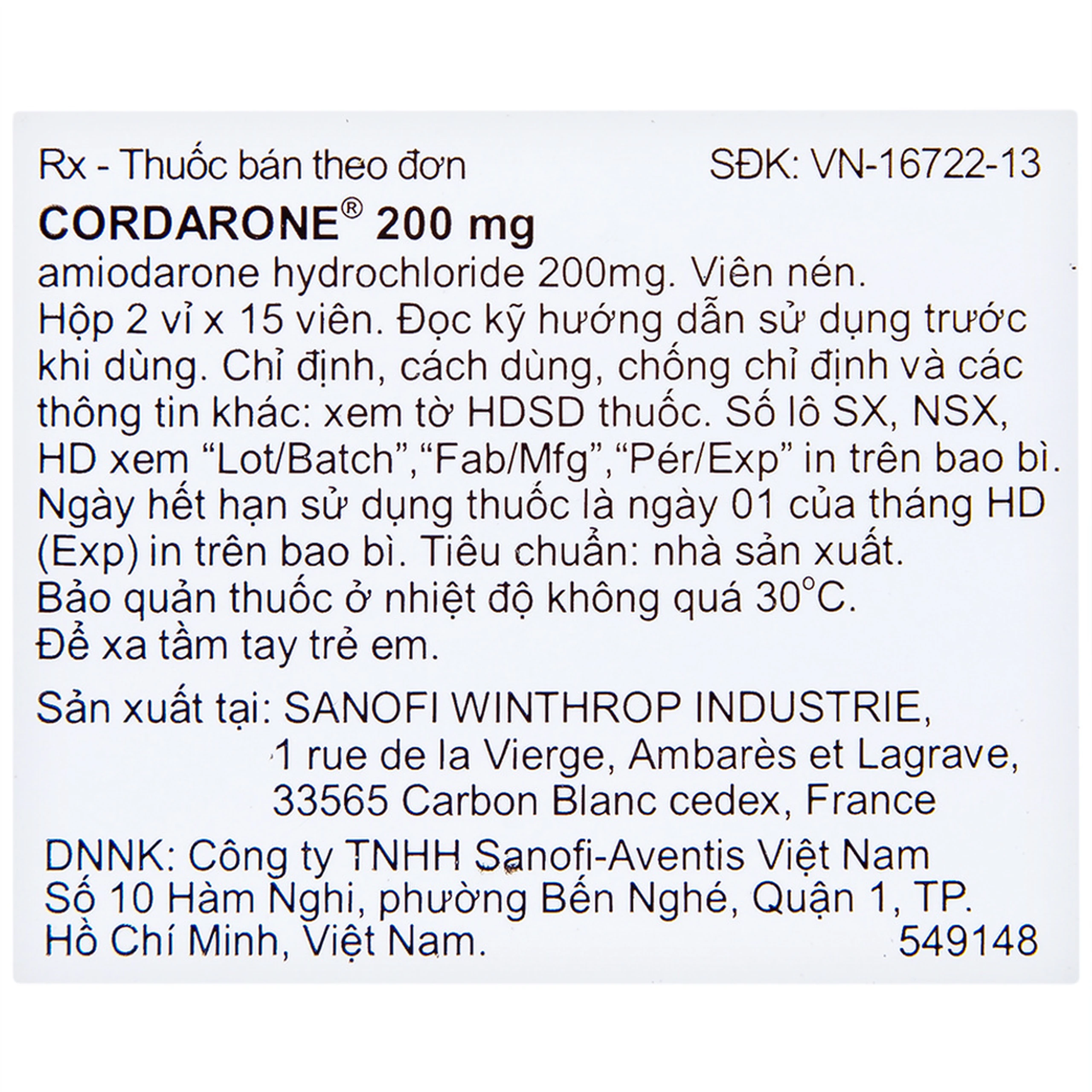 Thuốc Cordarone 200mg Sanofi phòng ngừa và điều trị một số dạng rối loạn nhịp tim (30 viên)