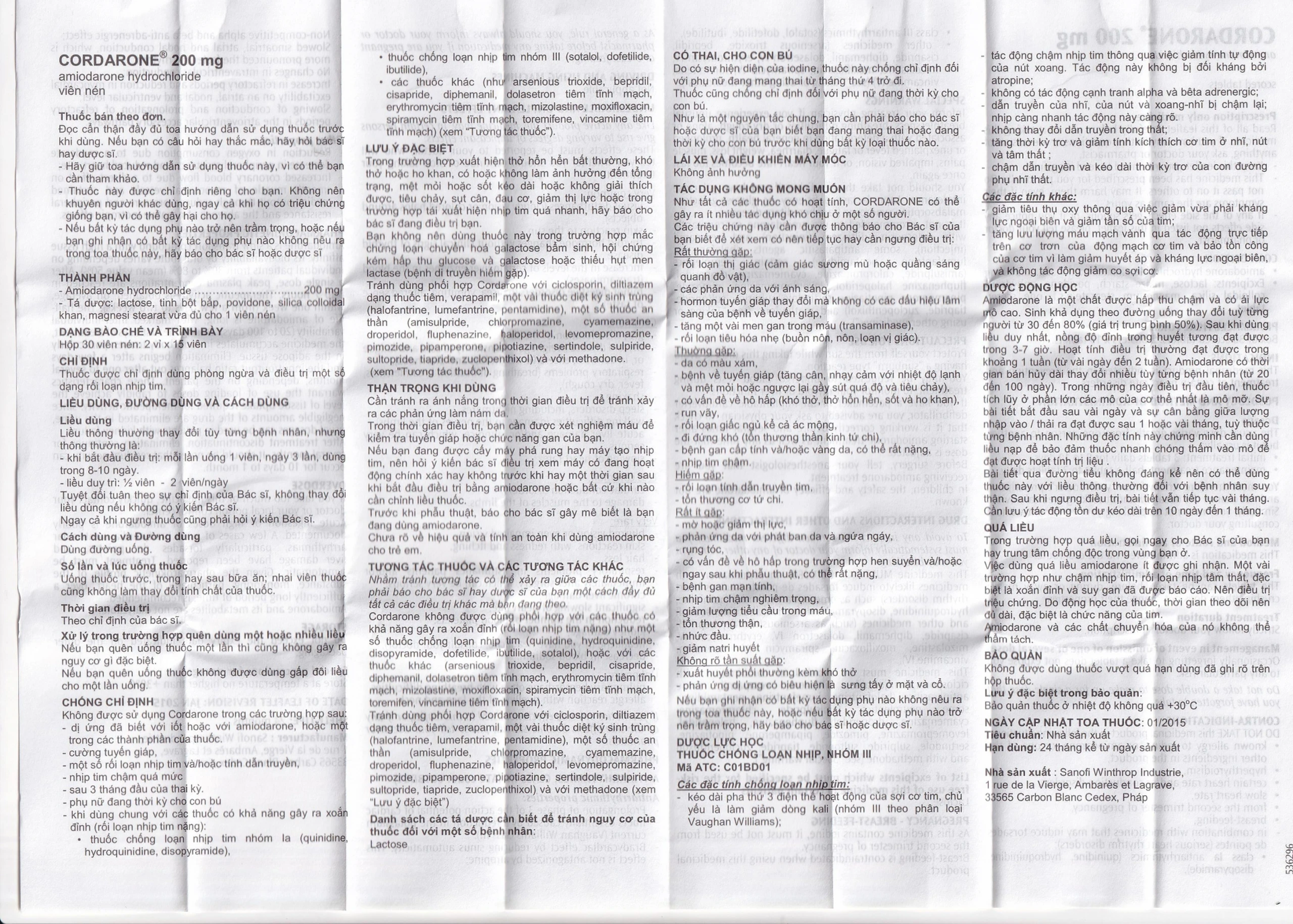Thuốc Cordarone 200mg Sanofi phòng ngừa và điều trị một số dạng rối loạn nhịp tim (30 viên)