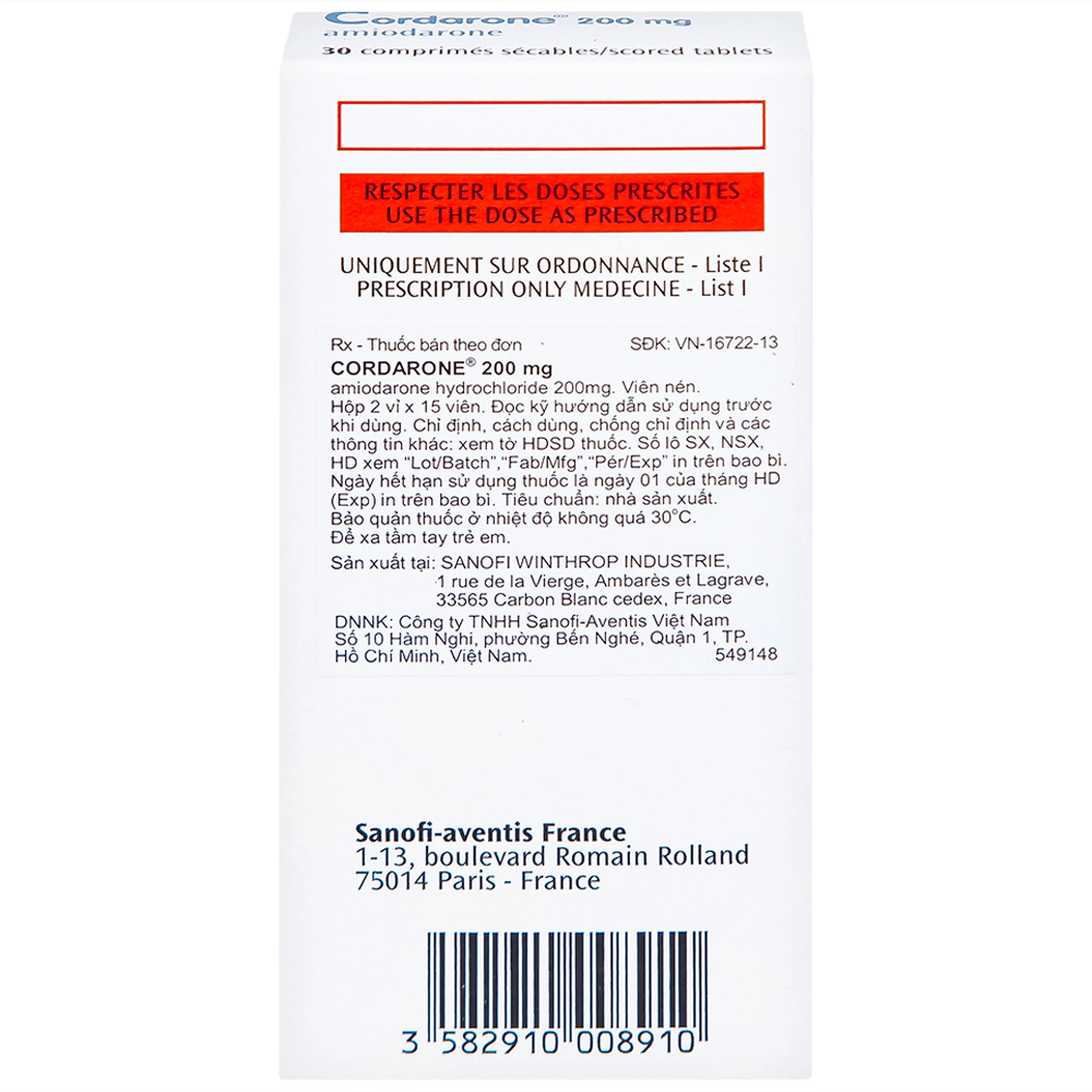 Thuốc Cordarone 200mg Sanofi phòng ngừa và điều trị một số dạng rối loạn nhịp tim (30 viên)
