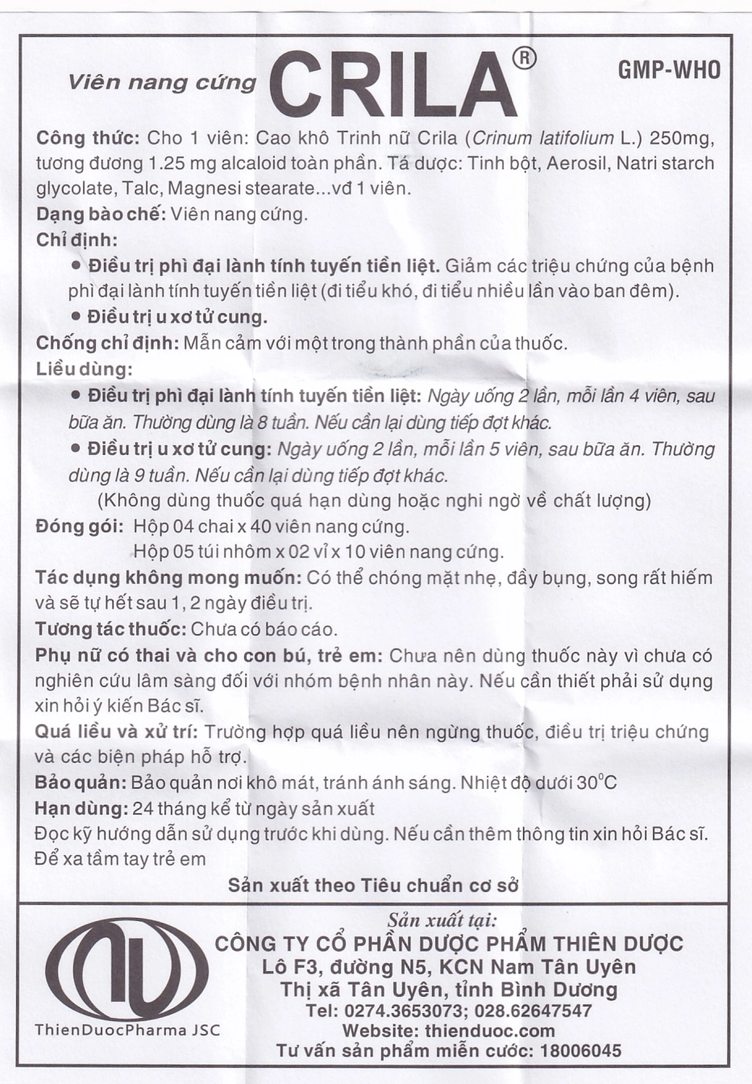 Thuốc Crila Thiên Dược điều trị phì đại lành tính tuyến tiền liệt, u xơ tử cung (4 chai x 40 viên)