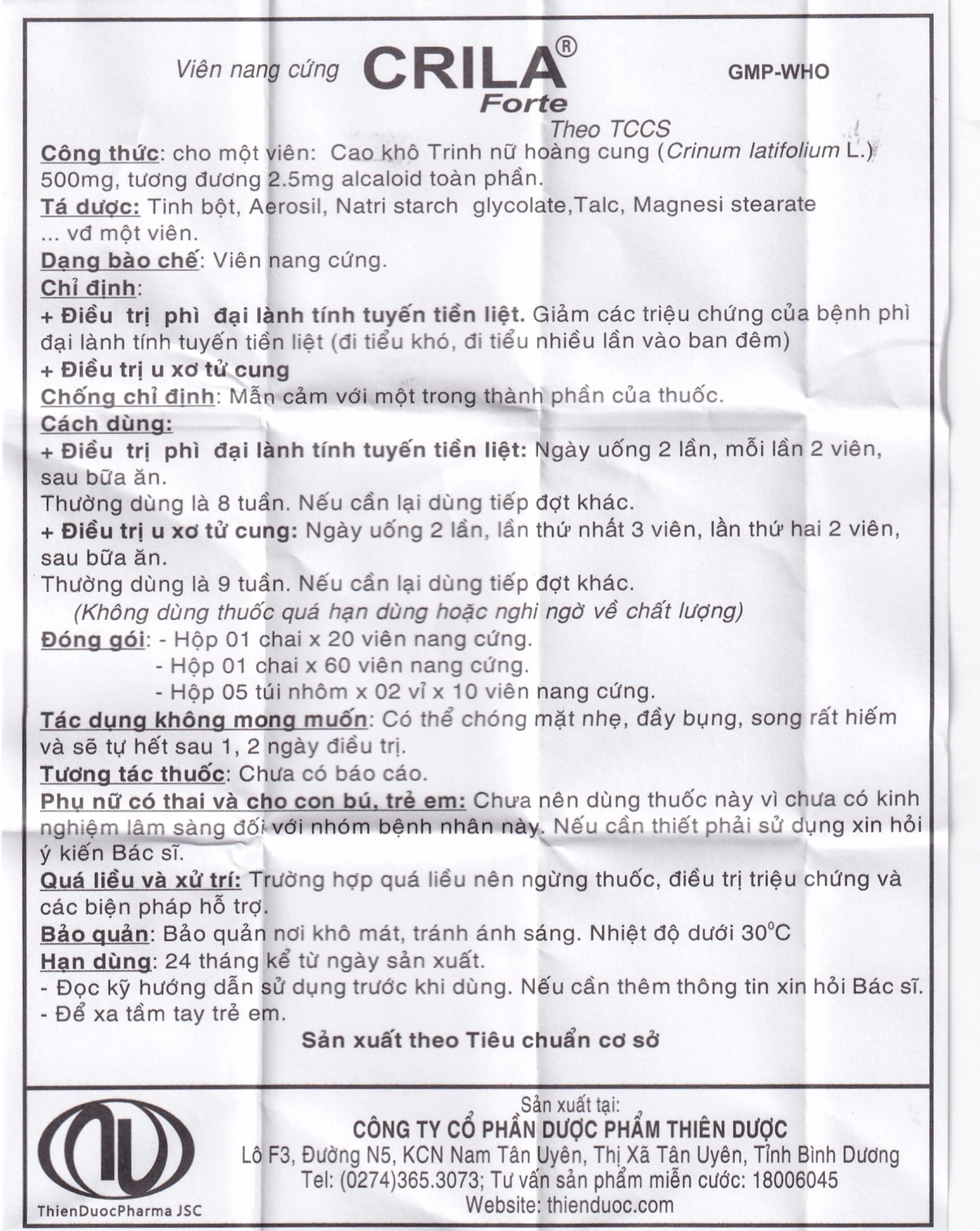 Thuốc Crila Forte Thiên Dược điều trị phì đại lành tính tuyến tiền liệt, u xơ tử cung (20 viên)