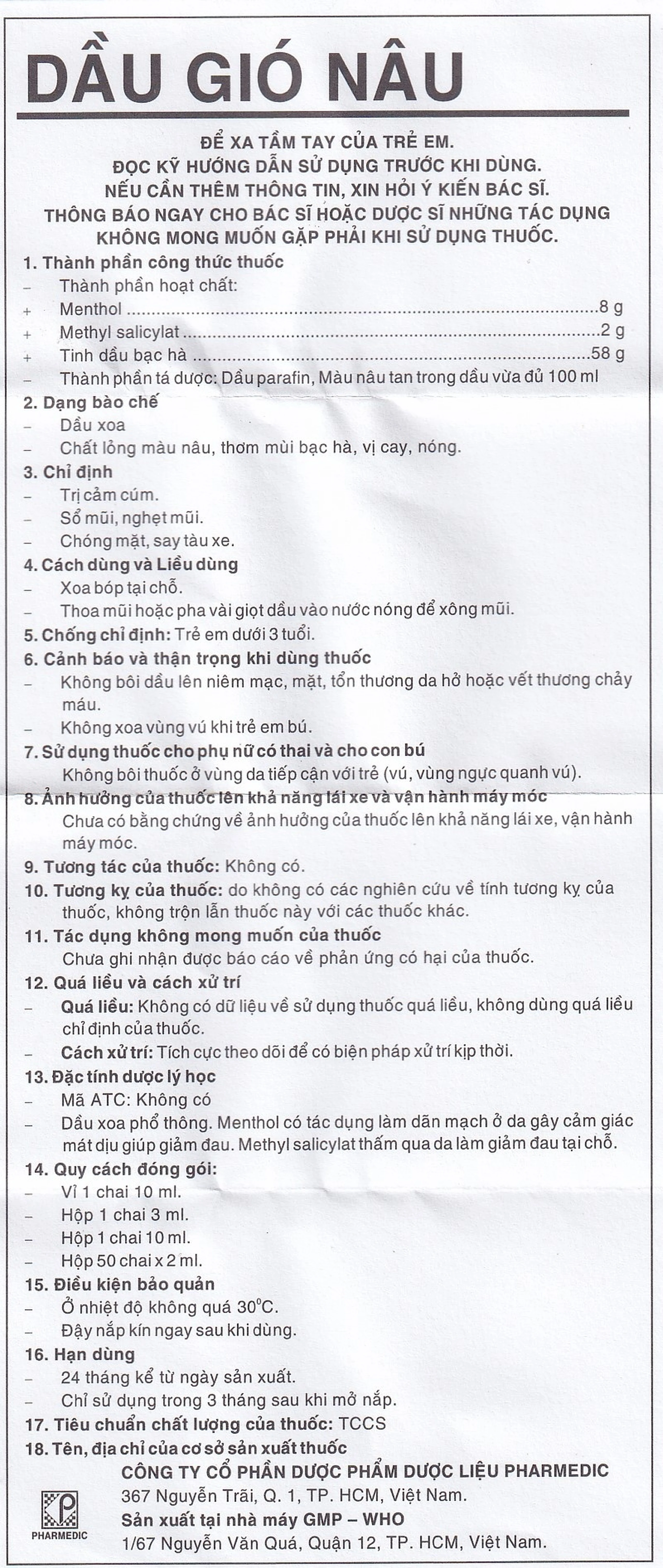 Dầu gió Nâu Pharmedic điều trị cảm cúm, sổ mũi, nghẹt mũi (10ml)