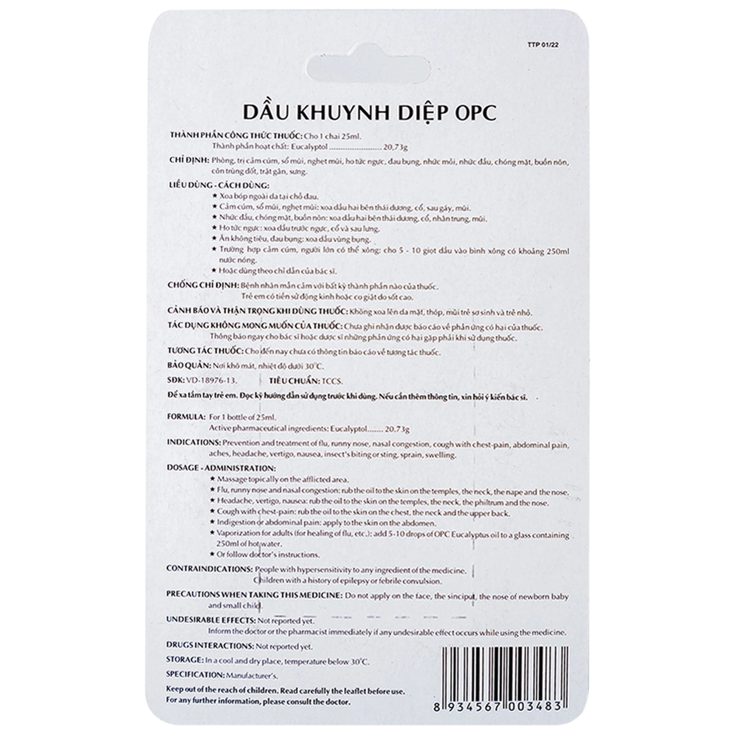 Dầu Khuynh Diệp OPC phòng và trị cảm cúm, sổ mũi, nghẹt mũi (25ml)