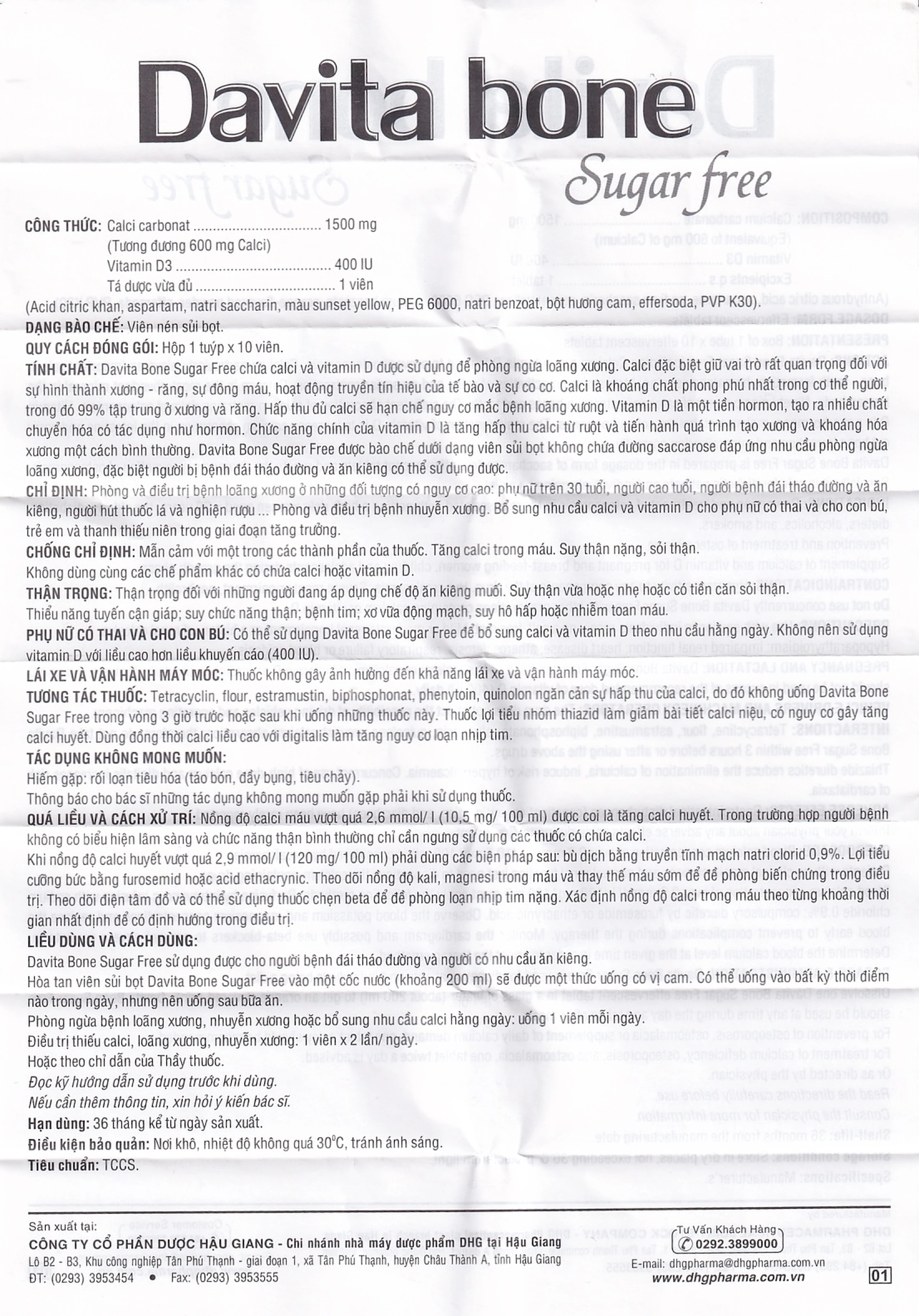 Viên sủi Davita Bone Sugar Free DHG phòng ngừa và điều trị loãng xương (10 viên)