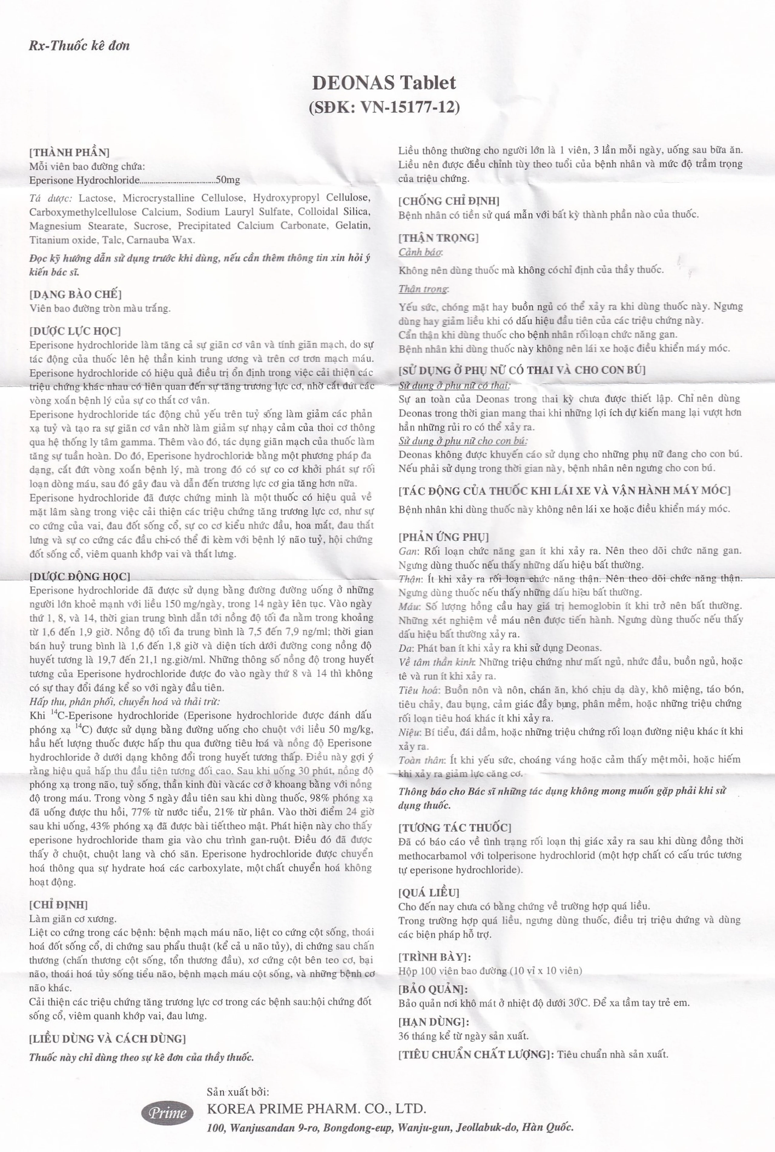 Thuốc Deonas 50mg Korea Prime làm giãn cơ xương (10 vỉ x 10 viên)