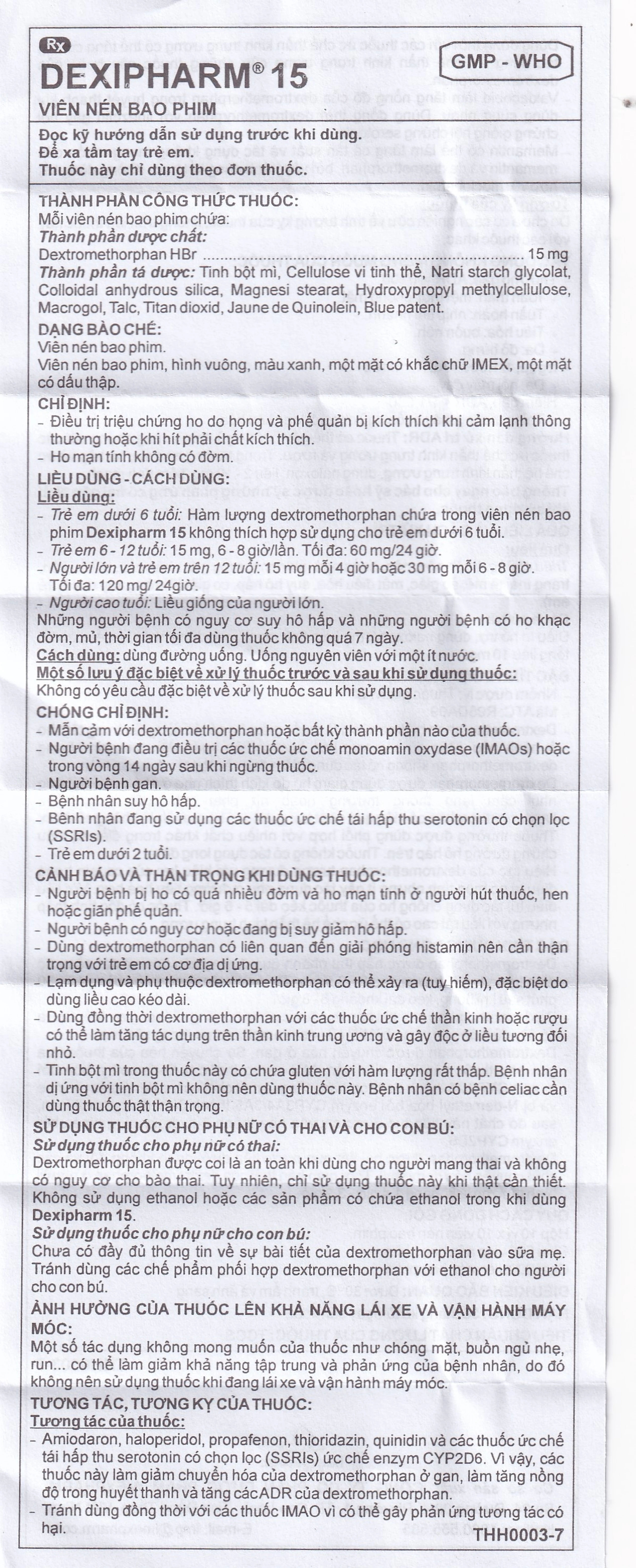 Thuốc Dexipharm 15mg Imexpharm điều trị triệu chứng ho (10 vỉ x 10 viên)