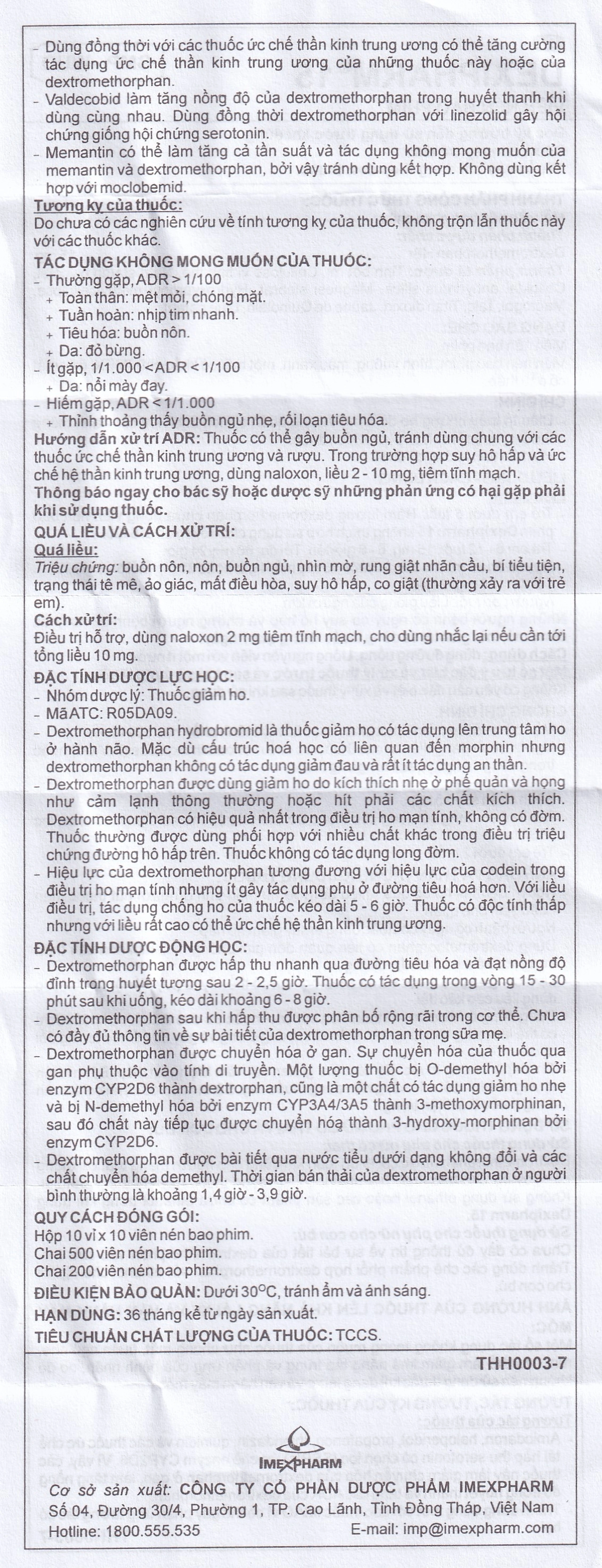 Thuốc Dexipharm 15mg Imexpharm điều trị triệu chứng ho (10 vỉ x 10 viên)