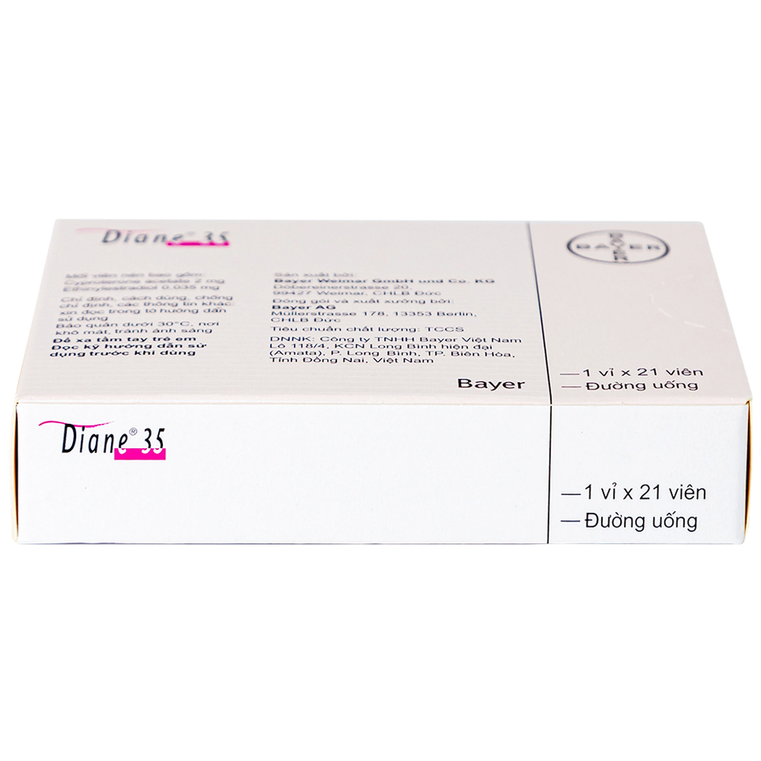 Thuốc Diane 35 Bayer điều trị mụn trứng cá mức độ vừa đến nặng và tác dụng tránh thai hormon (1 vỉ x 21 viên)