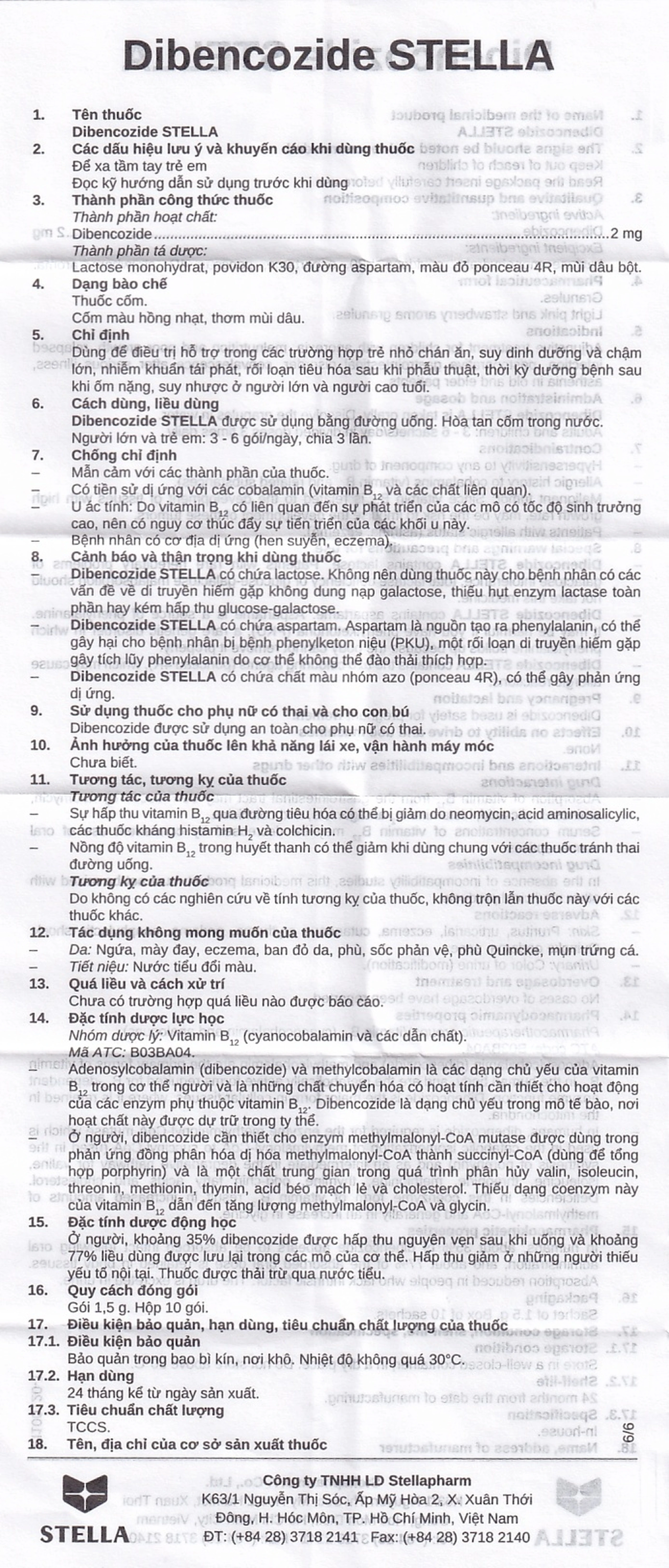 Thuốc cốm Dibencozide Stella 2mg điều trị hỗ trợ chán ăn, suy dinh dưỡng, chậm lớn (10 gói x 1.5g)