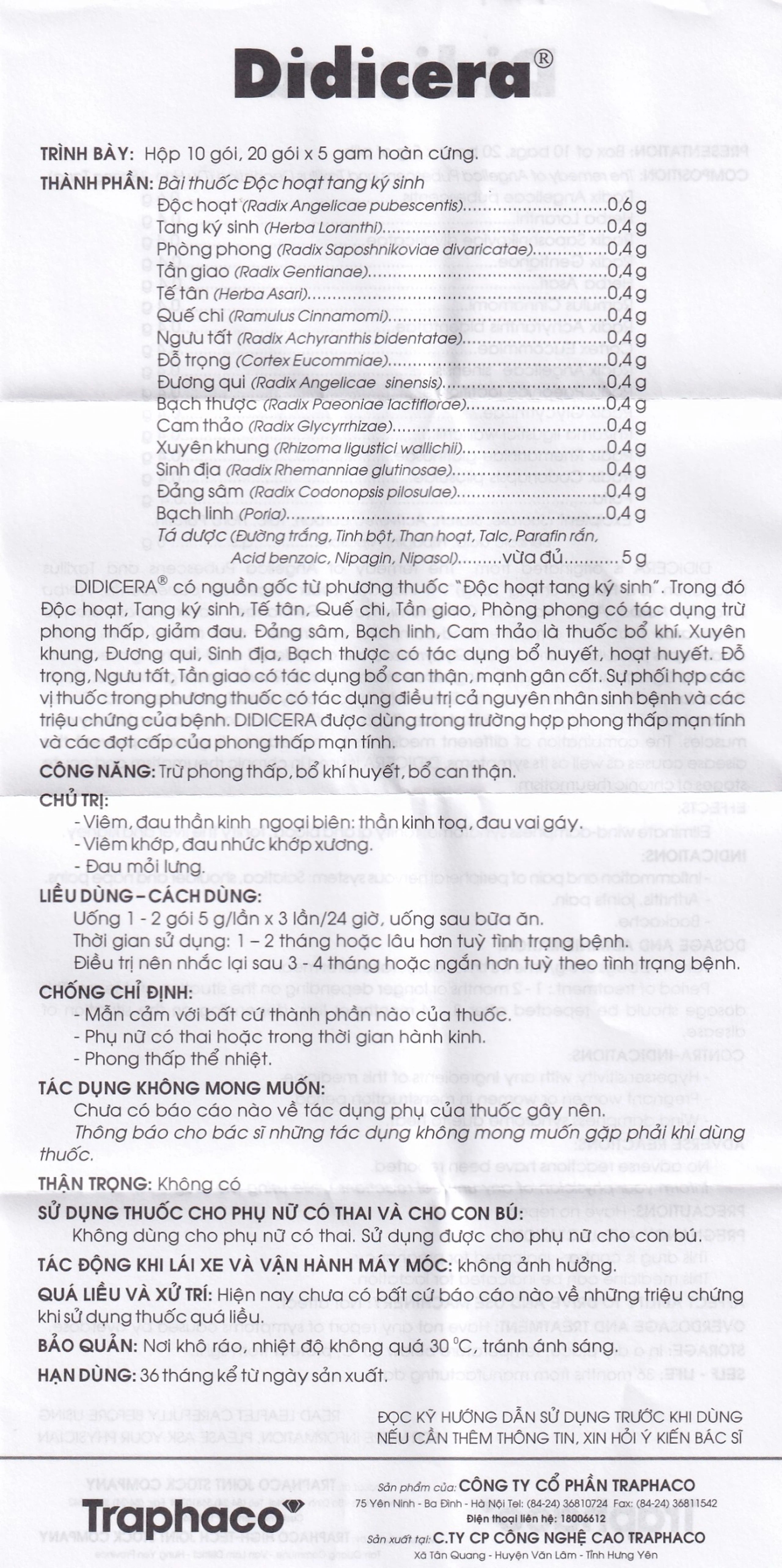 Thuốc Didicera trừ phong thấp, bổ khí huyết, bổ can thận (10 gói x 5g)